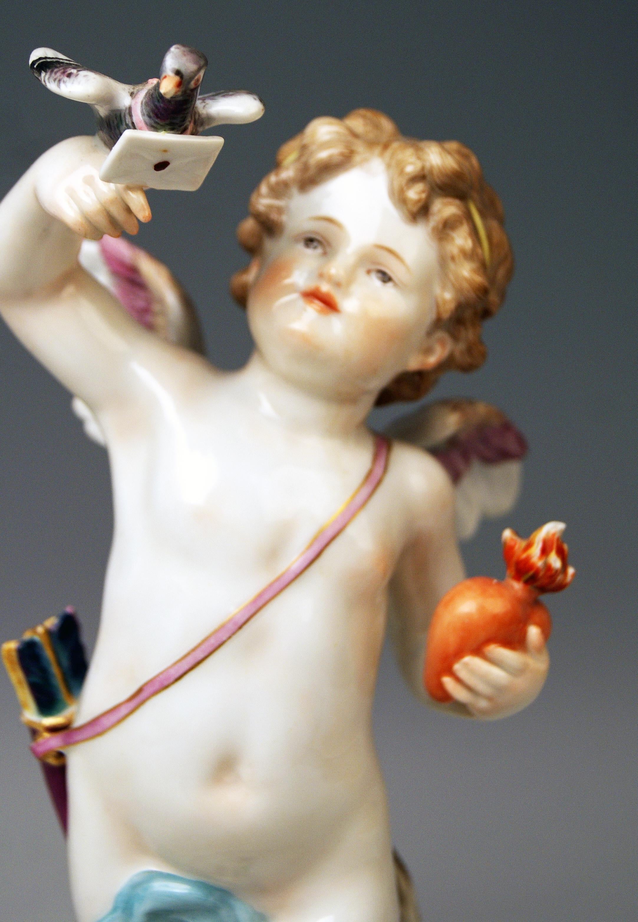 Painted Meissen Tall Cupid Figurine Dove of Peace Love Letter M 115 Johann Pollak