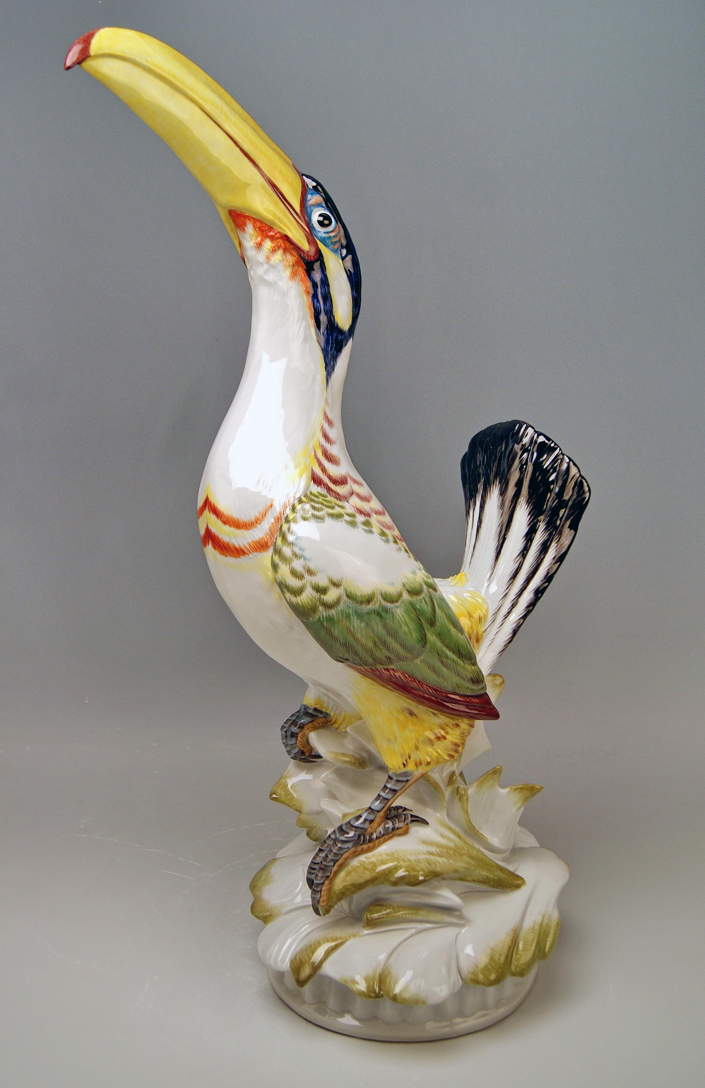 Meissen rare item: Tall Guianan Toucanet
Model 76025

Size:
Height: 22.83 inches (58.0 cm)
Diameter of base: 8.26 inches (21.0 cm)

Manufactory: Meissen
Hallmarked: Blue Meissen Sword Mark 
model number 76025 
former's number