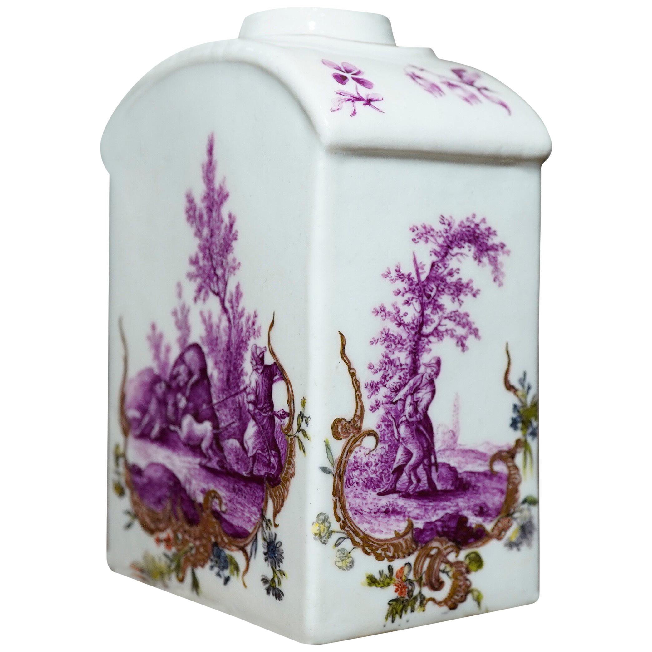 Meissen Tea Canister, Hunt Scene in Purple, Rococo Scrolls, circa 1755 For Sale