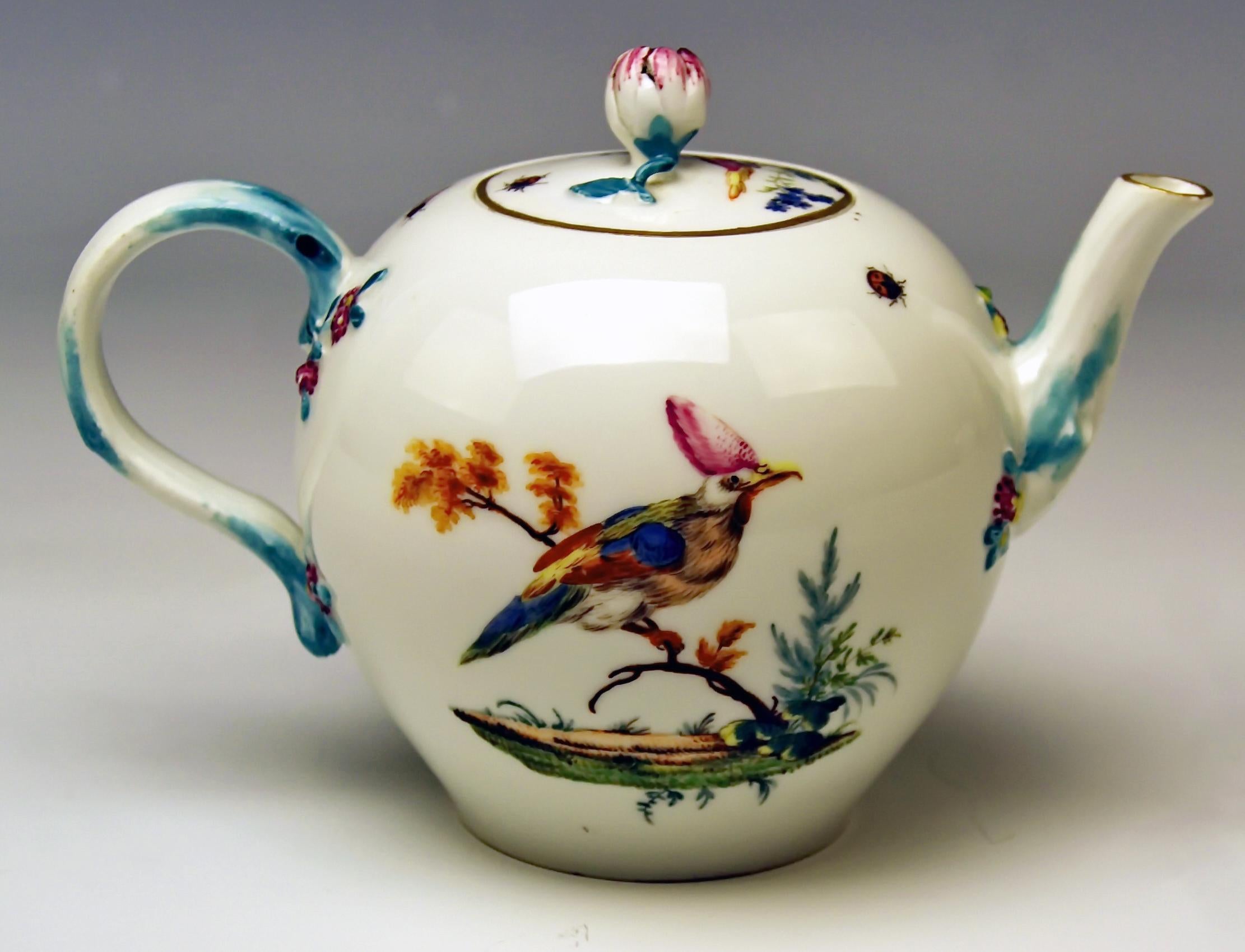 We invite you here to look at a splendid as well as rare Meissen lidded tea pot:
It is made of white porcelain / multicolored paintings consist of various birds' figurines of very special specimen (= multicolored feathers) / these birds sit on leafy