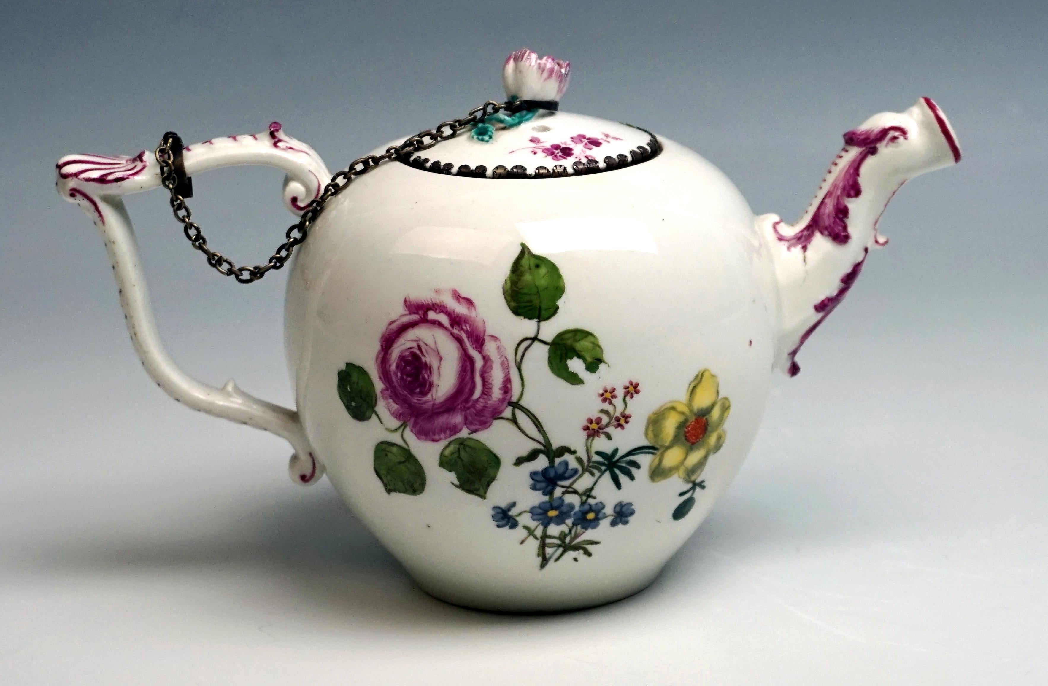 Early and rare piece From The Meissen/Germany Manufactory

Dating: made circa 1740
Material: white porcelain, glossy finish
Technique: handmade porcelain, finest painting

Specifications:
Very early Meissen tea pot circa 1740. The belly of