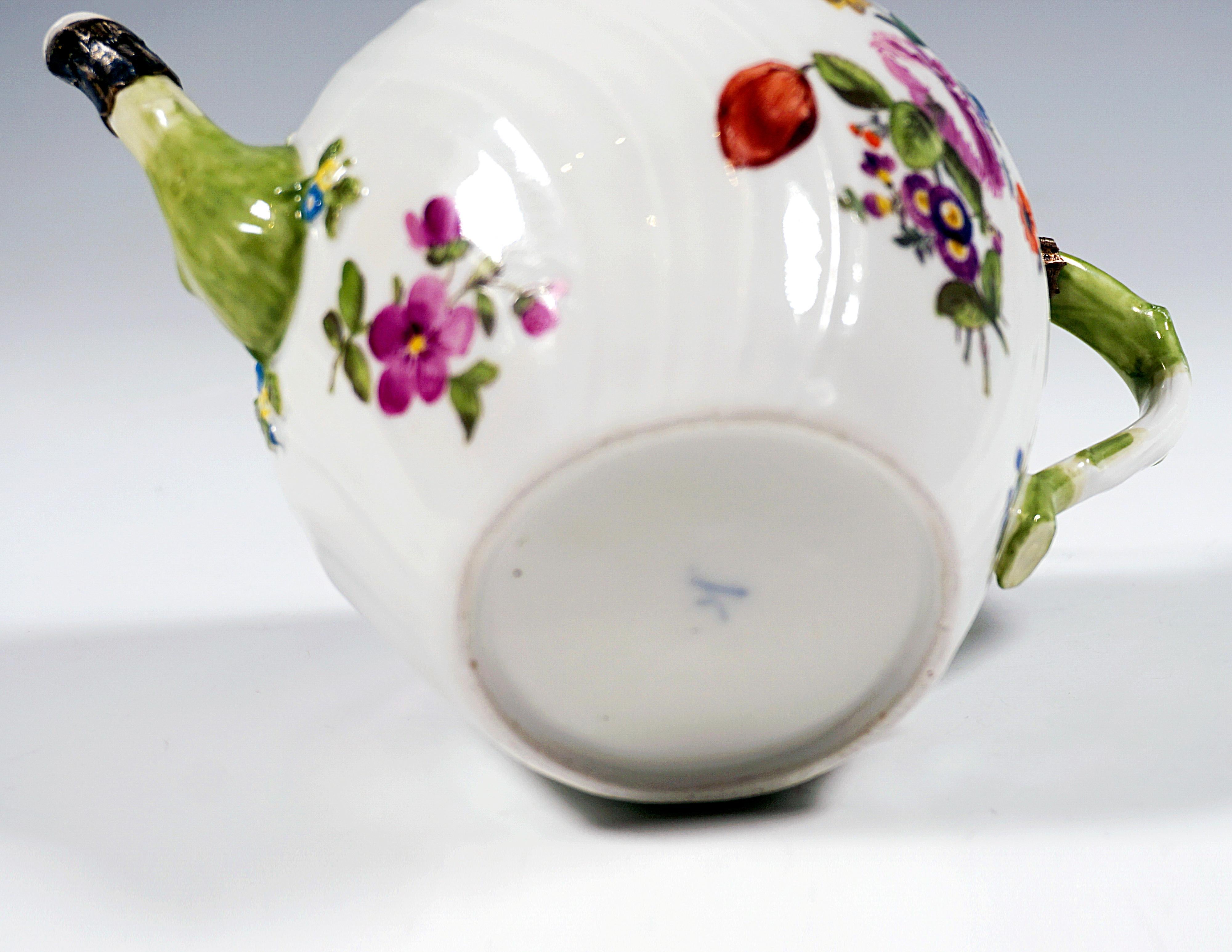 Porcelain Meissen Tea Pot With Flower Decoration & Silver Mount, Rococo Period, Circa 1750 For Sale