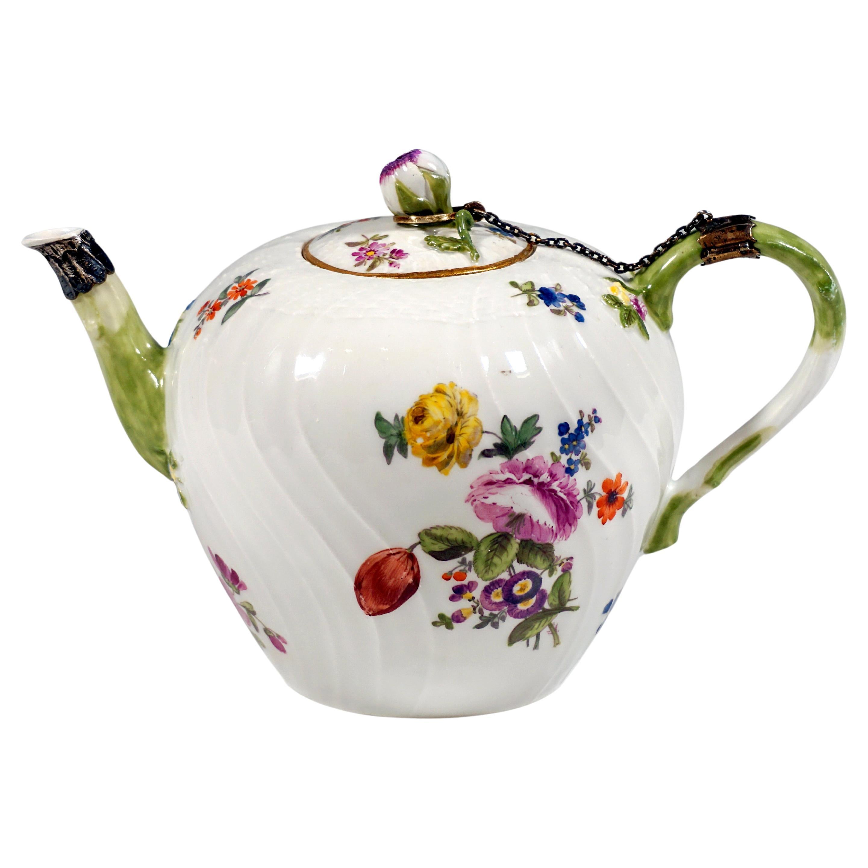 Meissen Tea Pot With Flower Decoration & Silver Mount, Rococo Period, Circa 1750 For Sale