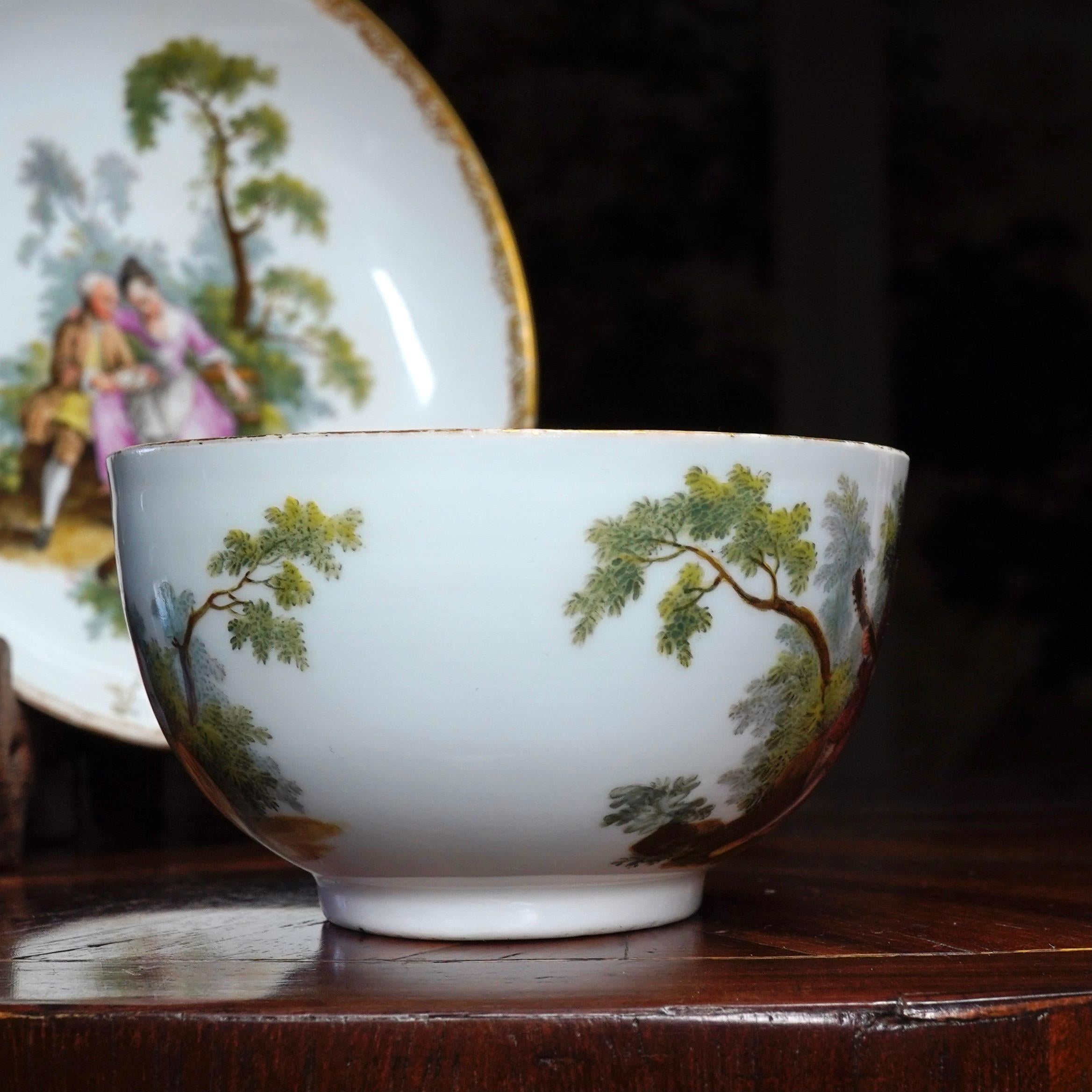 German Meissen Teabowl and Saucer, Watteauesque Scenes, circa 1770