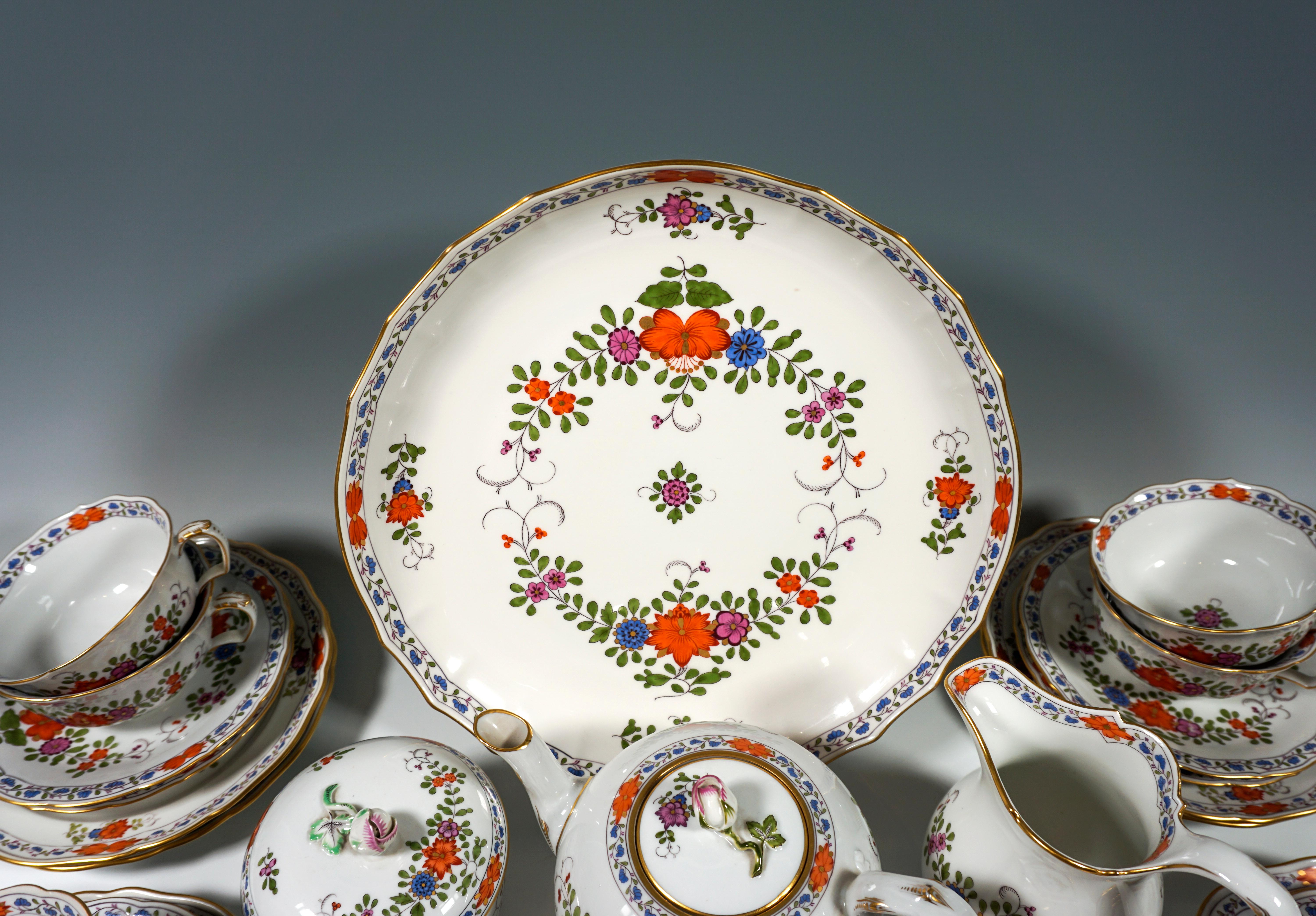 Baroque Meissen Tea & Dessert Set For 12 Indian Flowers Coloured & Gold 20th Century