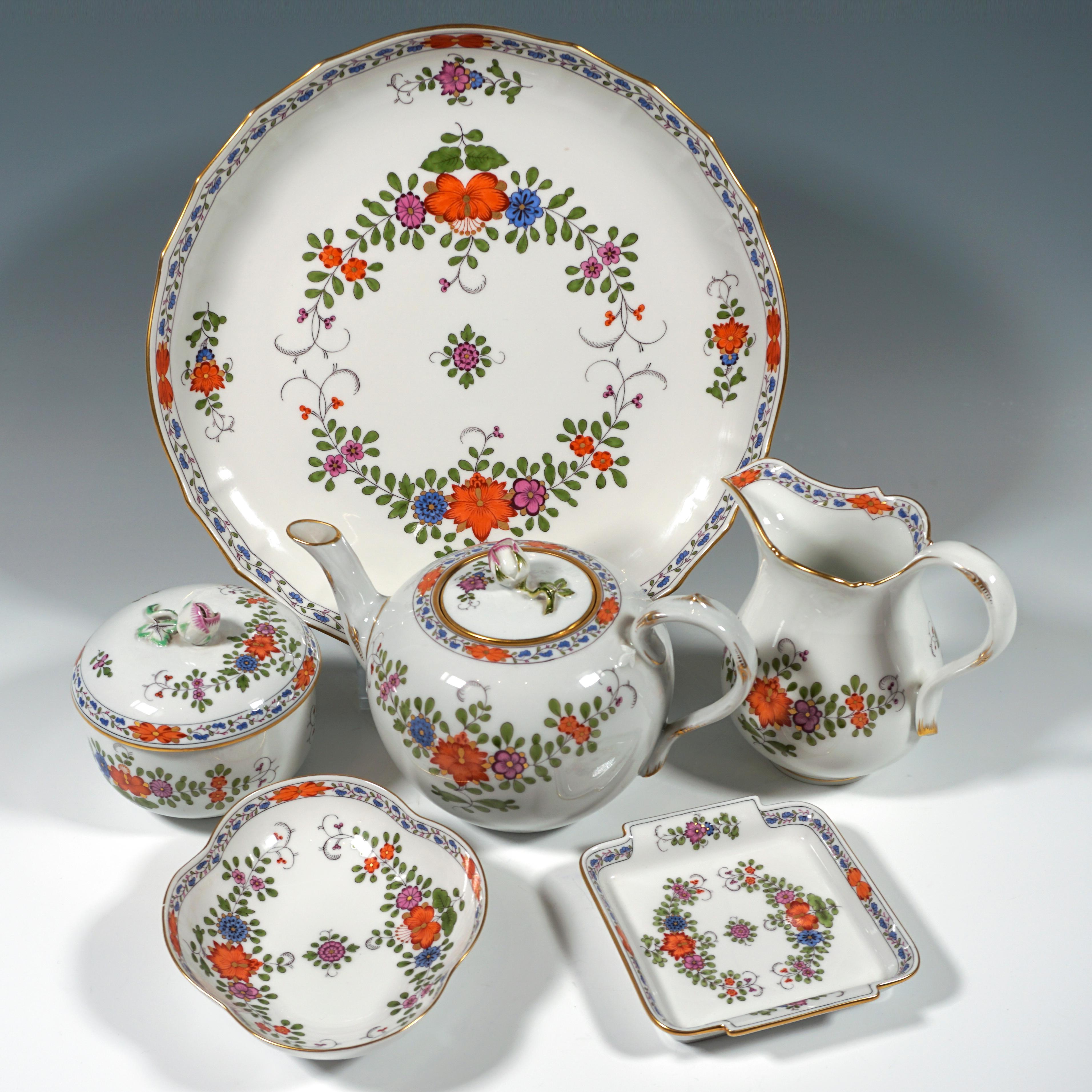 German Meissen Tea & Dessert Set For 12 Indian Flowers Coloured & Gold 20th Century