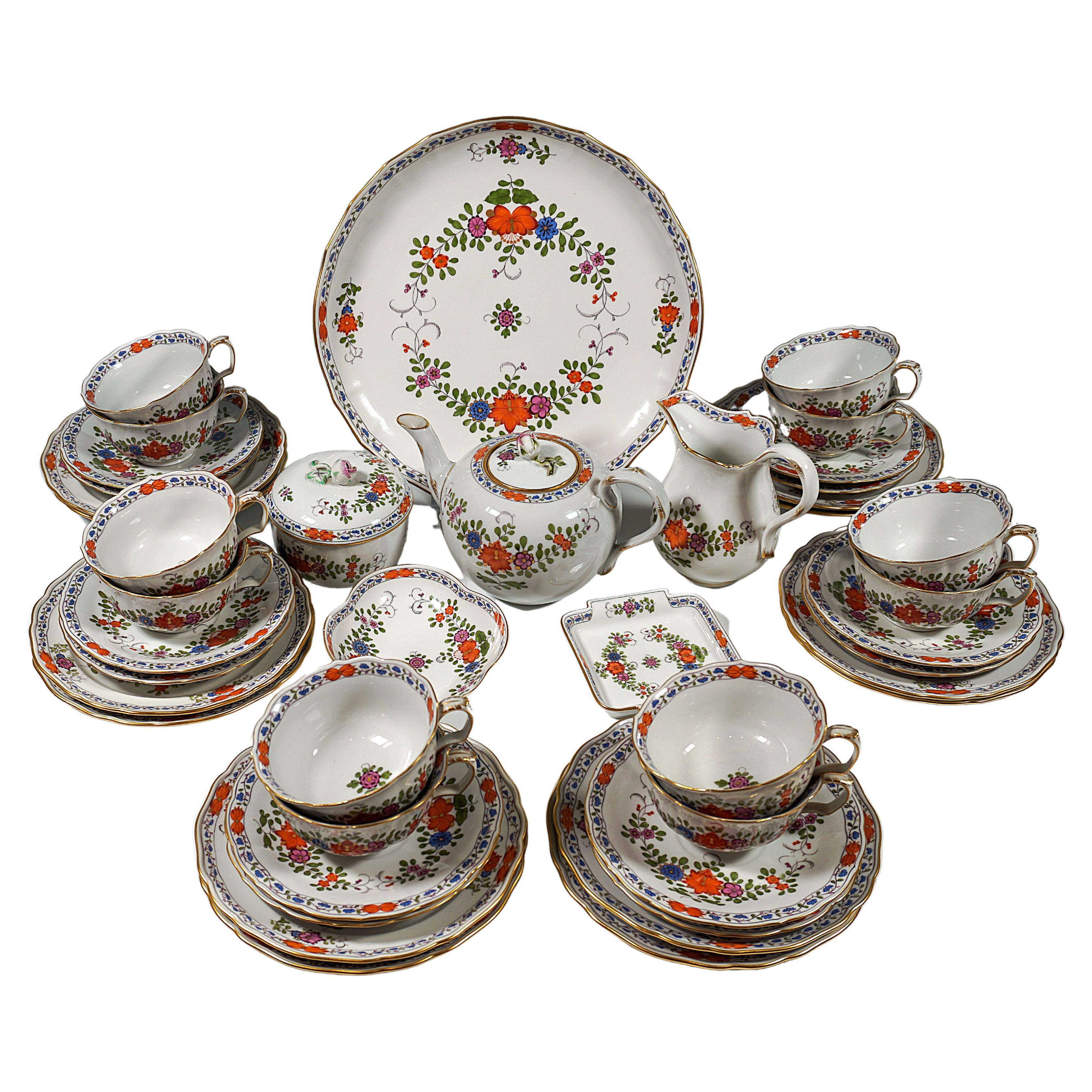 Meissen Tea & Dessert Set For 12 Indian Flowers Coloured & Gold 20th Century
