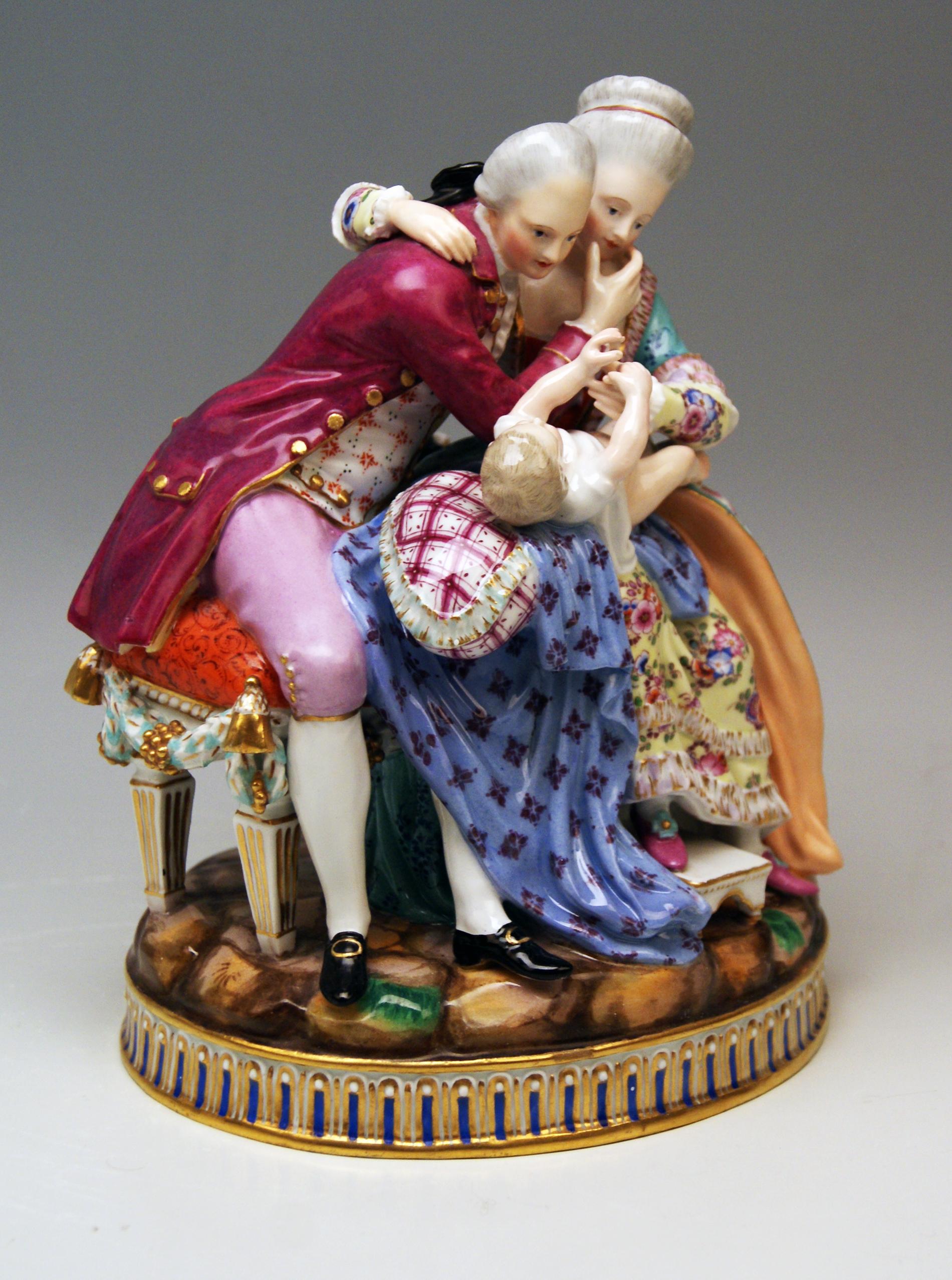 Meissen gorgeous figurine group: The Lucky Parents, created by Michel Victor Acier (c. 1770-72)

Manufactory: Meissen
Hallmarked: Blue Meissen Sword Mark (bottom not glazed)
First quality
Dating: !! Rococo Period / made circa 1773 !!
Material: