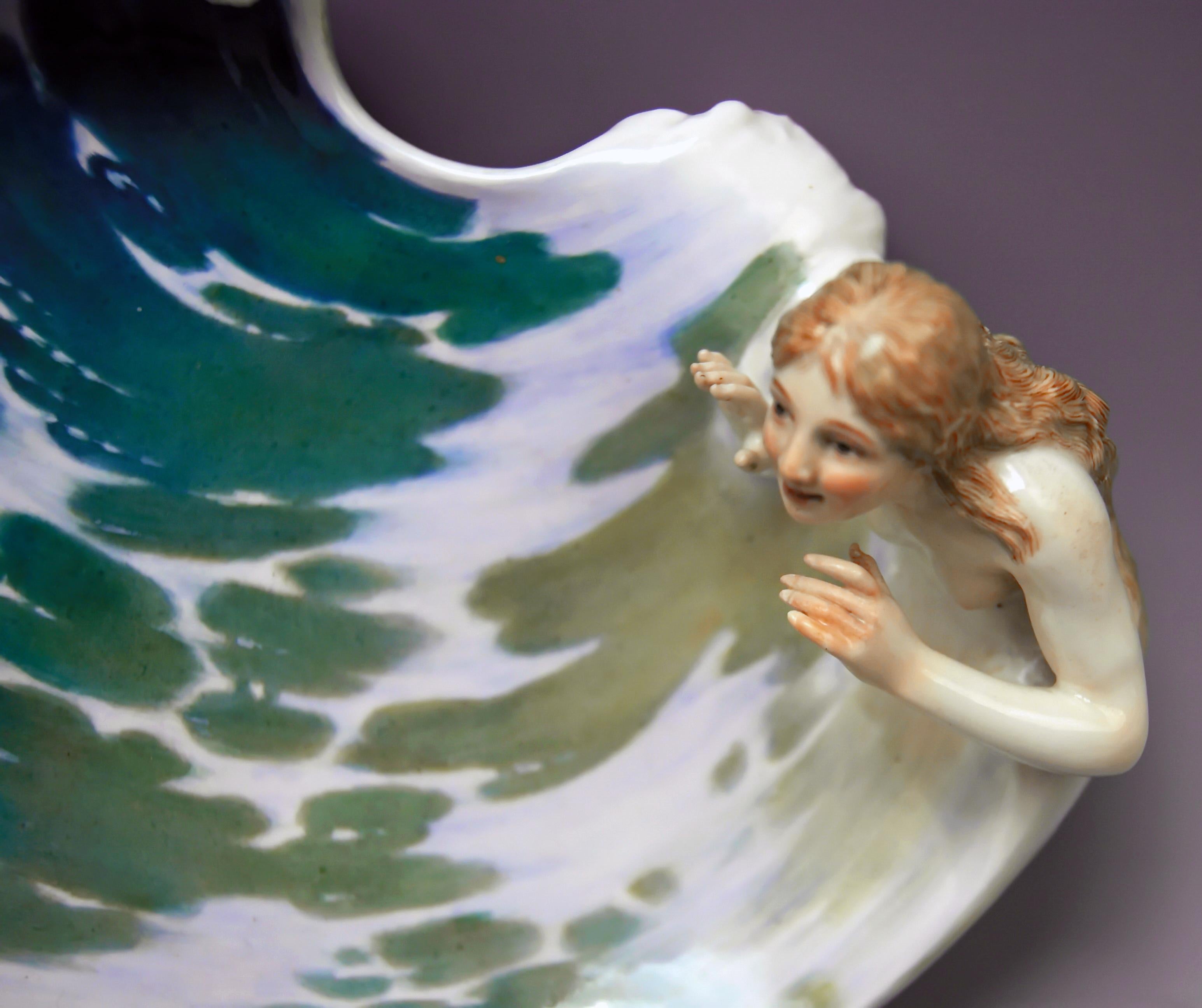 Meissen rarest Art Nouveau item: The wave

Size:
Height 3.34 inches
Depth 6.10 inches
Width 8.26 inches

Manufactory: Meissen
Hallmarked: Blue Meissen sword mark (glazed bottom)
model number Q 169 / former's number 182/126
First