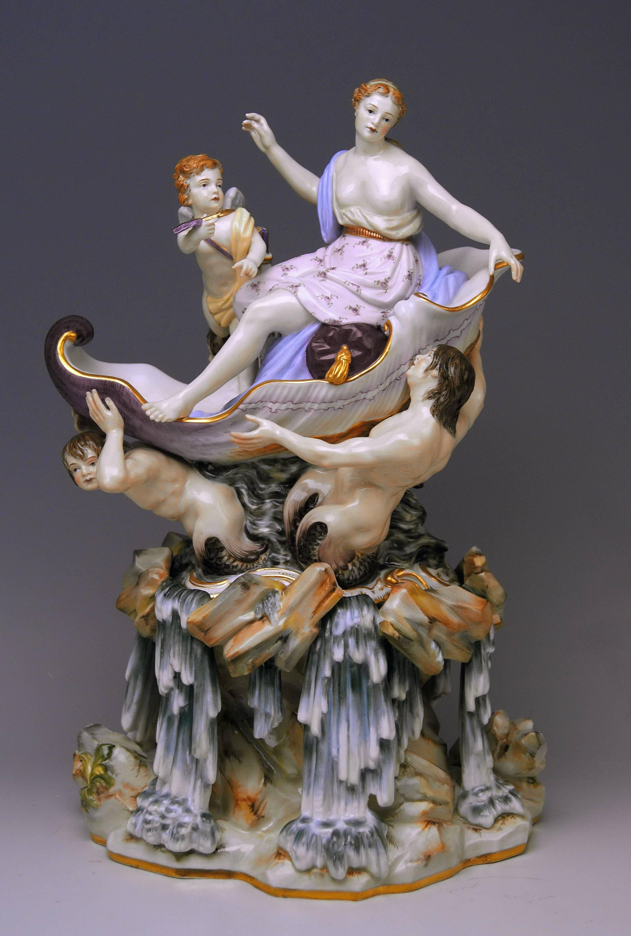 Meissen most remarkable figurine group: Triumph Of Venus

Measures / dimensions:
Height 13.18 inches / 33.5 cm
Width 8.26 inches / 21.0 cm
Depth 6.69 inches / 17.0 cm

Manufactory: Meissen
Hallmarked: Blue Meissen Sword Mark (glazed bottom)
First