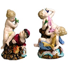 Antique Meissen Two Figurine Groups Four Seasons Allegories by Kaendler, circa 1850