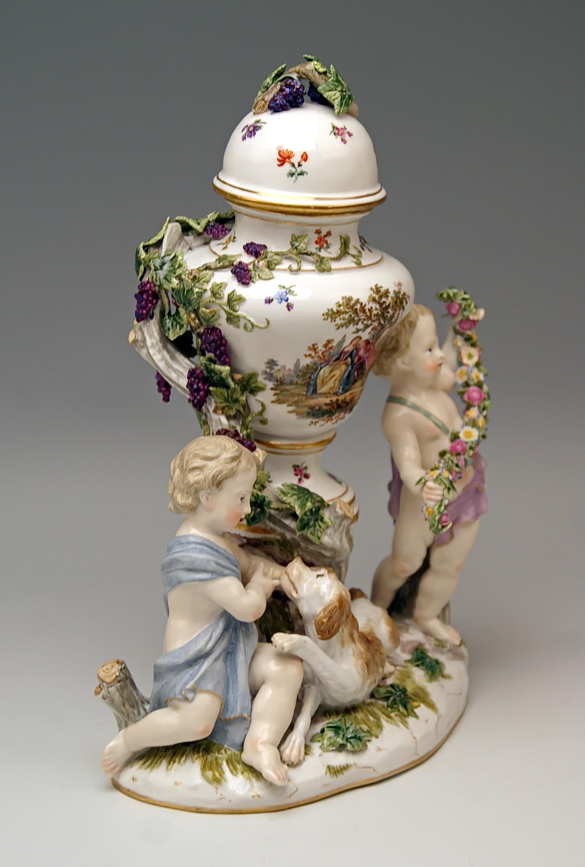 Meissen most lovely pair of cherubs with lidded urn vase. 

Size:
Total height 10.23 inches / 26.0 cm
Total width 6.49 inches / 16.5 cm
Depth 3.93 inches / 10.0 cm

Manufactory: Meissen
Hallmarked: Blue Meissen Sword Mark of first half of