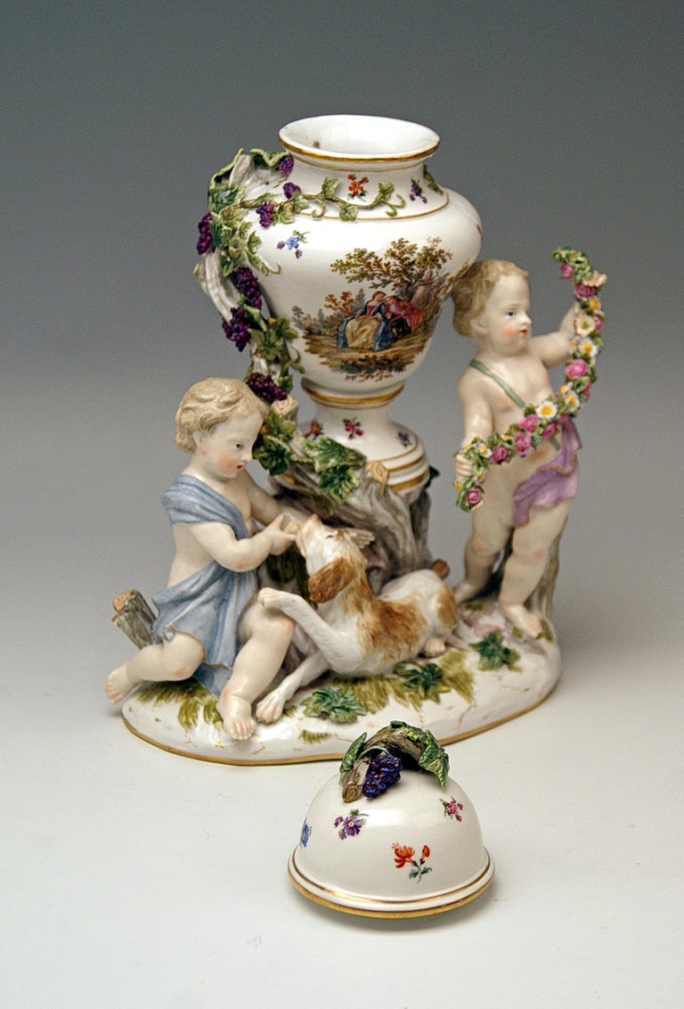 Painted Meissen Urn Vase with Two Cherubs by Kaendler Model 1009 Made circa 1830-1840 For Sale