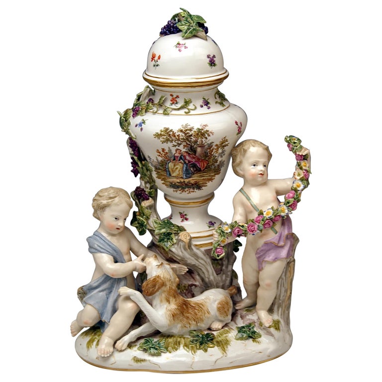Meissen Urn Vase with Two Cherubs by Kaendler Model 1009 Made circa 1830-1840 For Sale