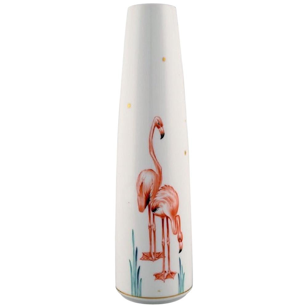 Meissen Vase in Hand Painted Porcelain with Flamingos, 1930s-1940s