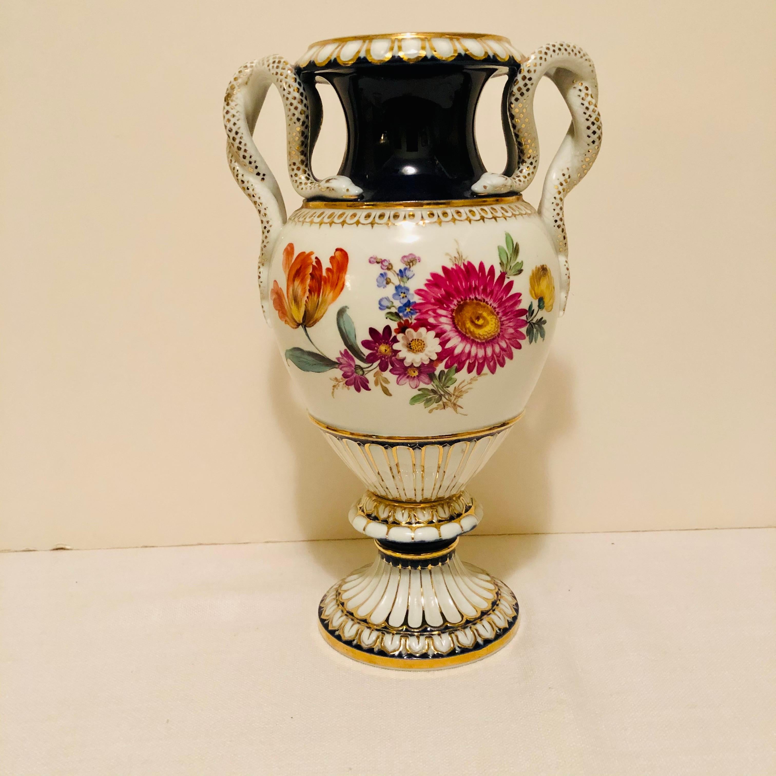 Neoclassical Meissen Vase with Different Flower Bouquets on Either Side and Snake Handles