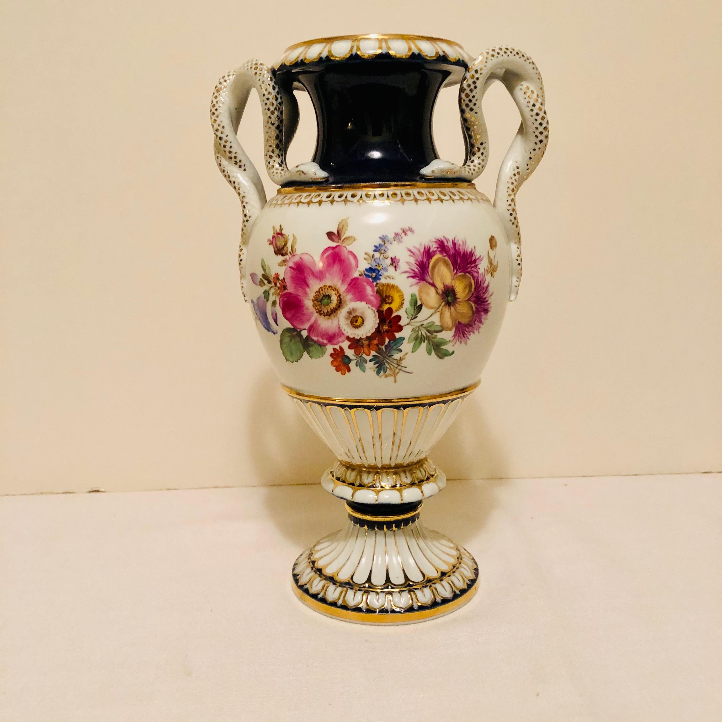 Hand-Painted Meissen Vase with Different Flower Bouquets on Either Side and Snake Handles