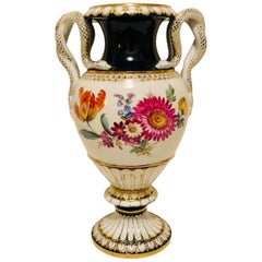 Meissen Vase with Different Flower Bouquets on Either Side and Snake Handles