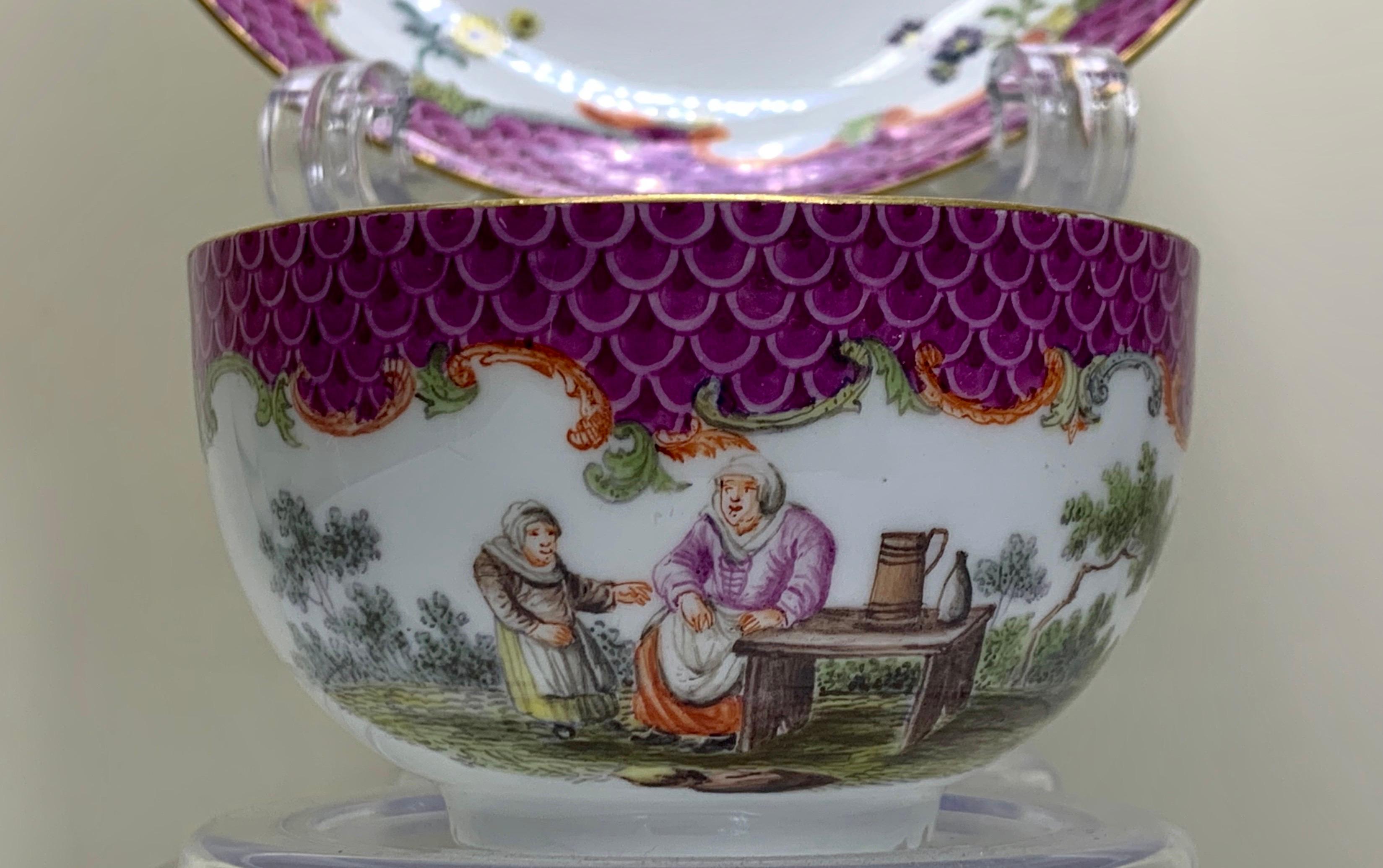 German Meissen Watteauesque Teabowl& Saucer, Circa 1740