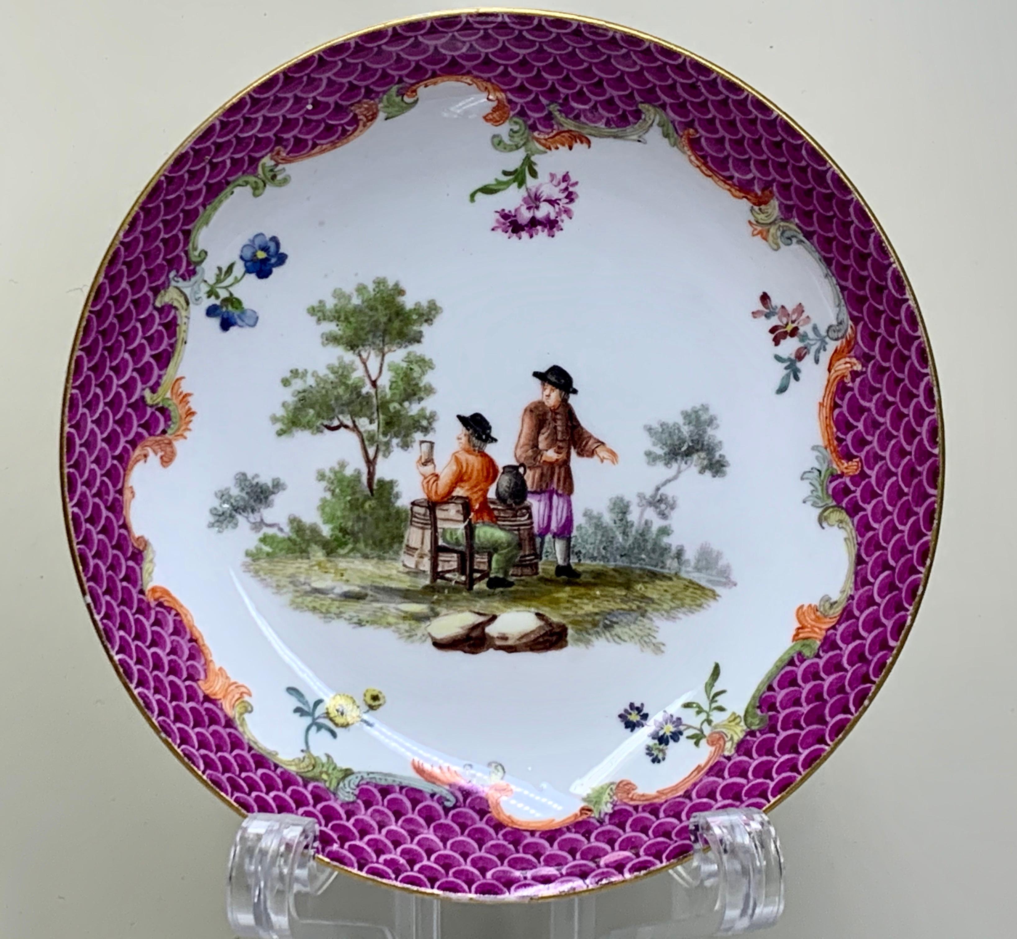 Porcelain Meissen Watteauesque Teabowl& Saucer, Circa 1740