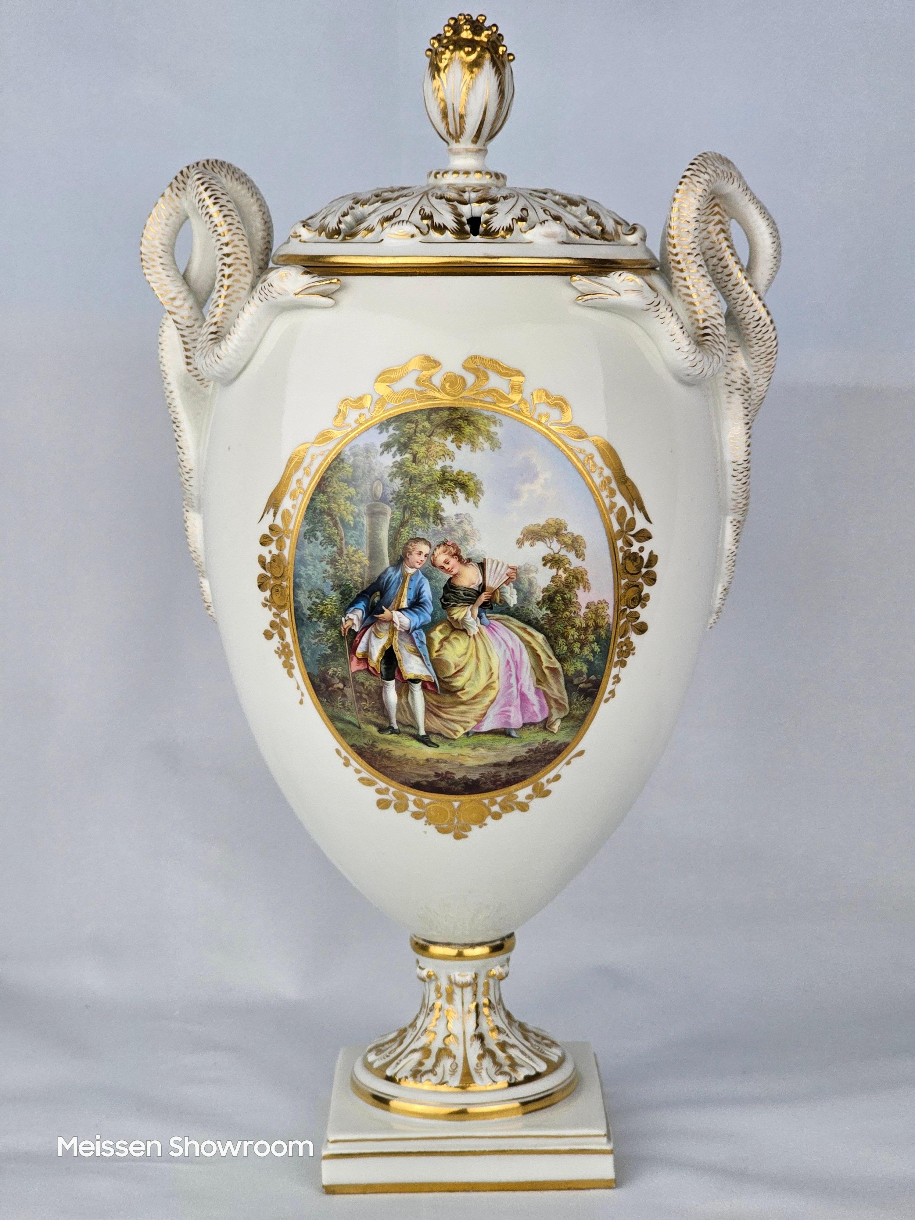 Rococo Meissen White and Gold Double Snake Handled Vase