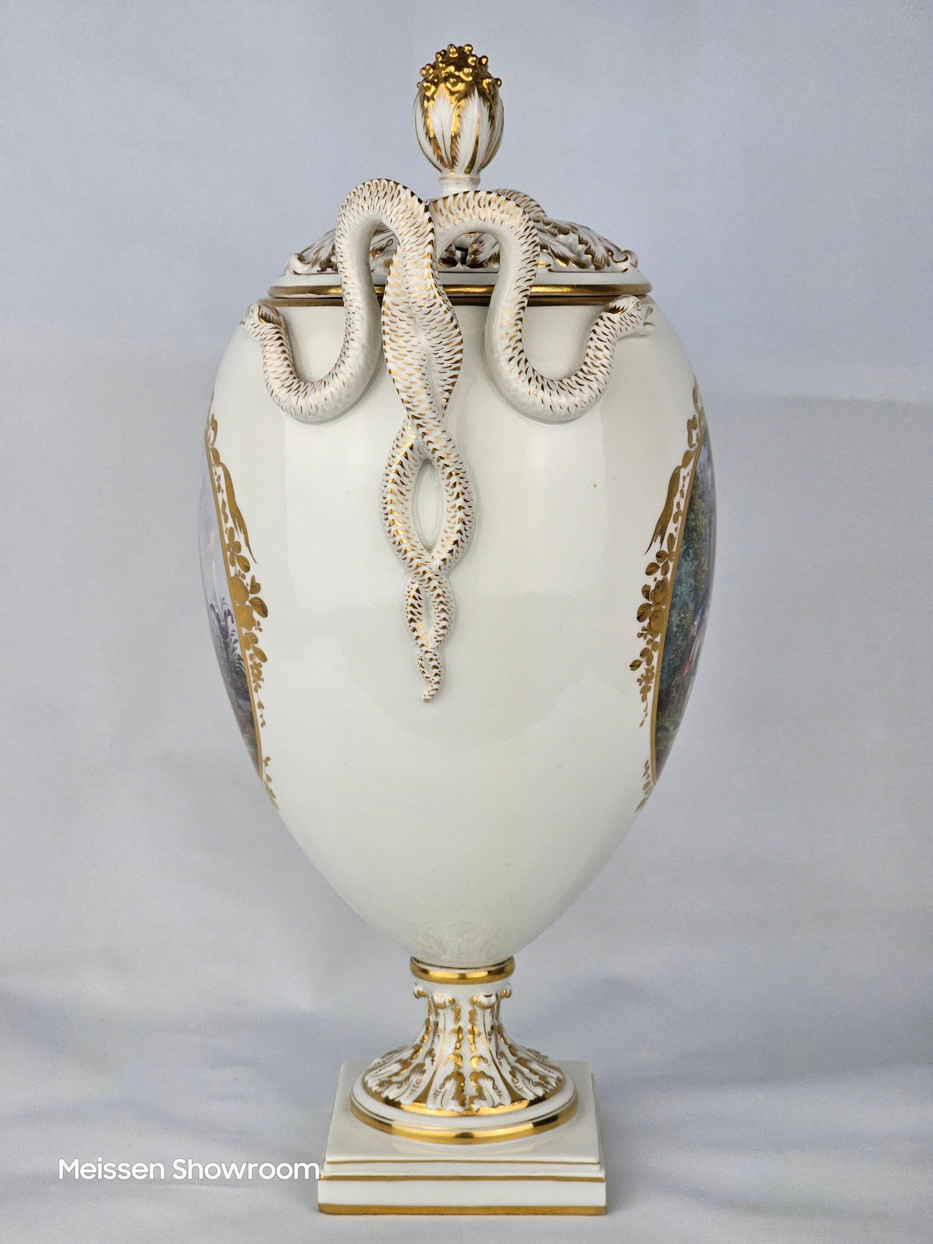 German Meissen White and Gold Double Snake Handled Vase