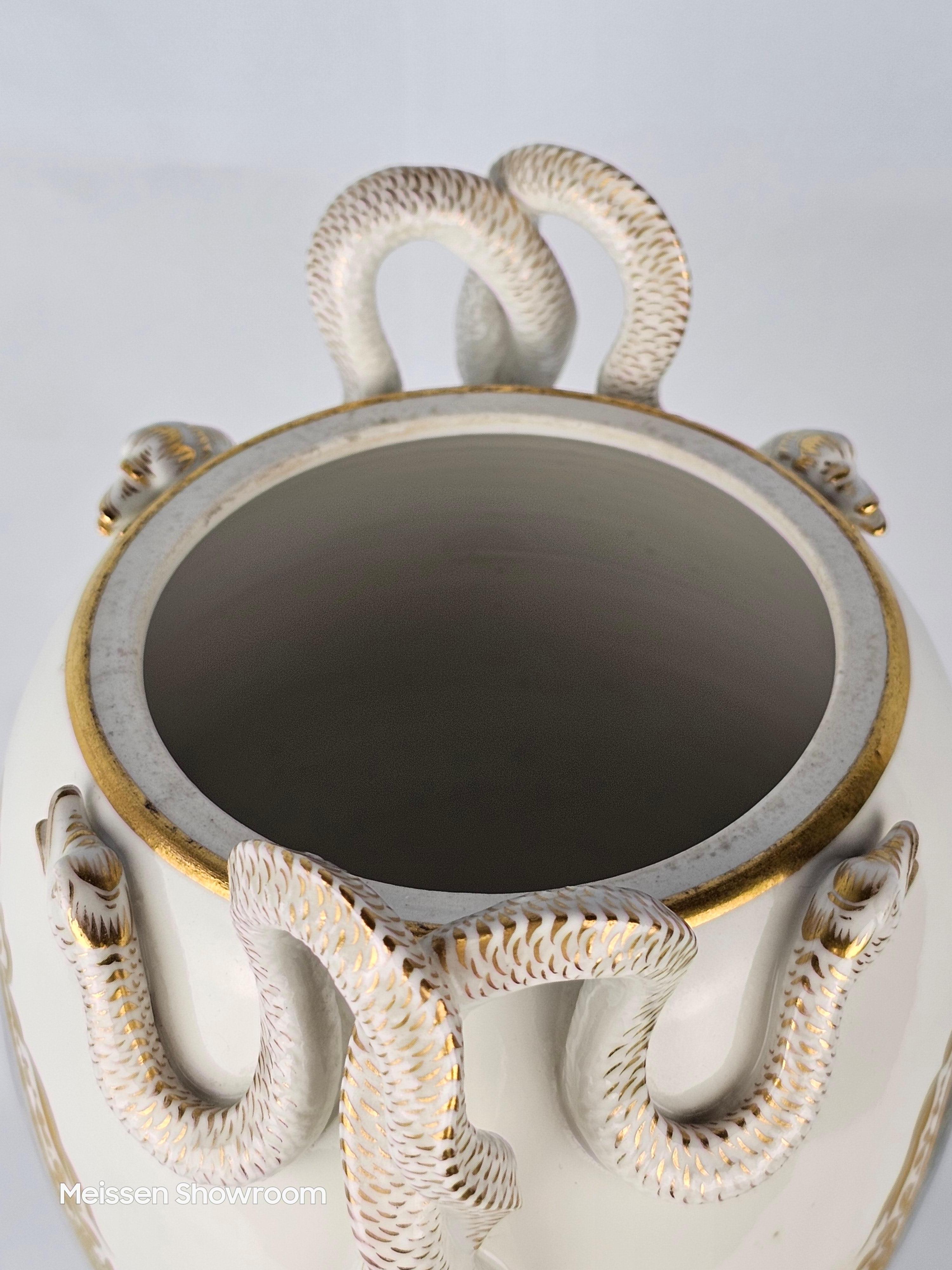 Porcelain Meissen White and Gold Double Snake Handled Vase