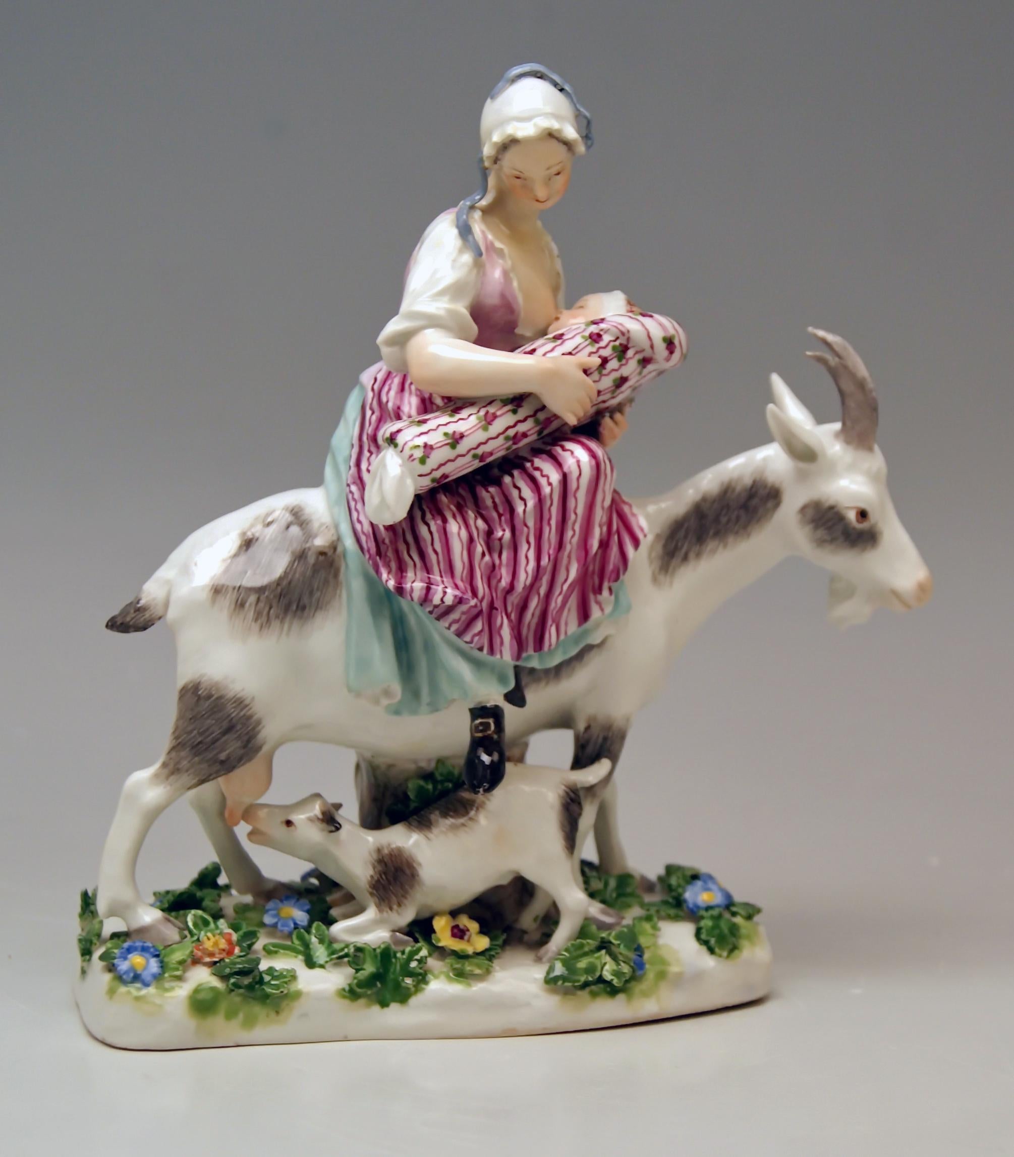 Meissen stunning figurine: Wife of tailor riding on goat 

Manufactory:  Meissen
Dating: 19th century / made circa 1850
Material: white porcelain, glossy finish, finest painting 
Technique: handmade porcelain 


Modelled by:
Johann