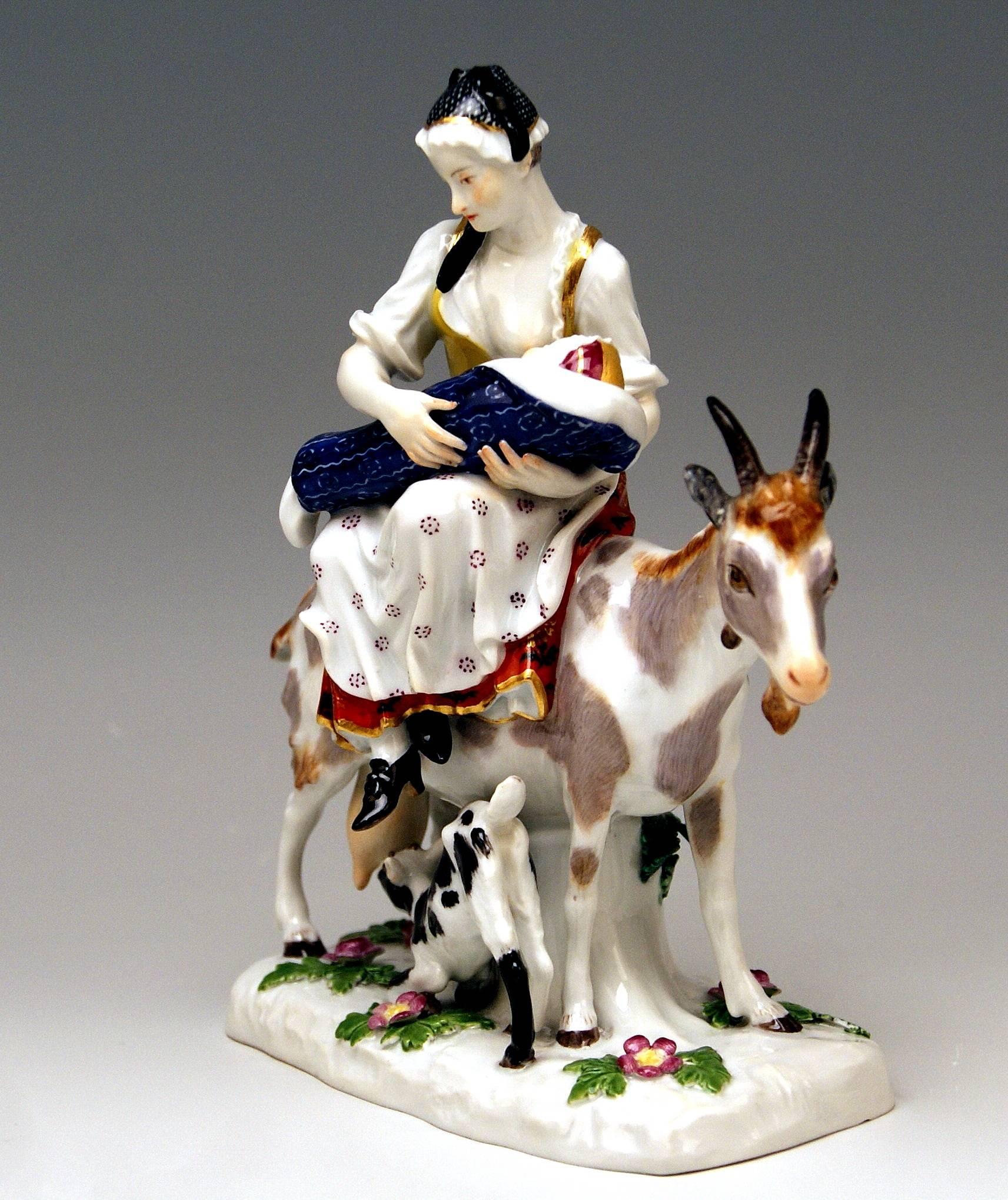 Meissen stunning item of very interesting appearance: Wife of tailor riding on goat
Model 155

Measures:
Height 7.28 inches (18.5 cm)
Width 6.29 inches (16.0 cm)
Depth 2.75 inches (7.0 cm)

Manufactory: Meissen
Hallmarked: Blue Meissen