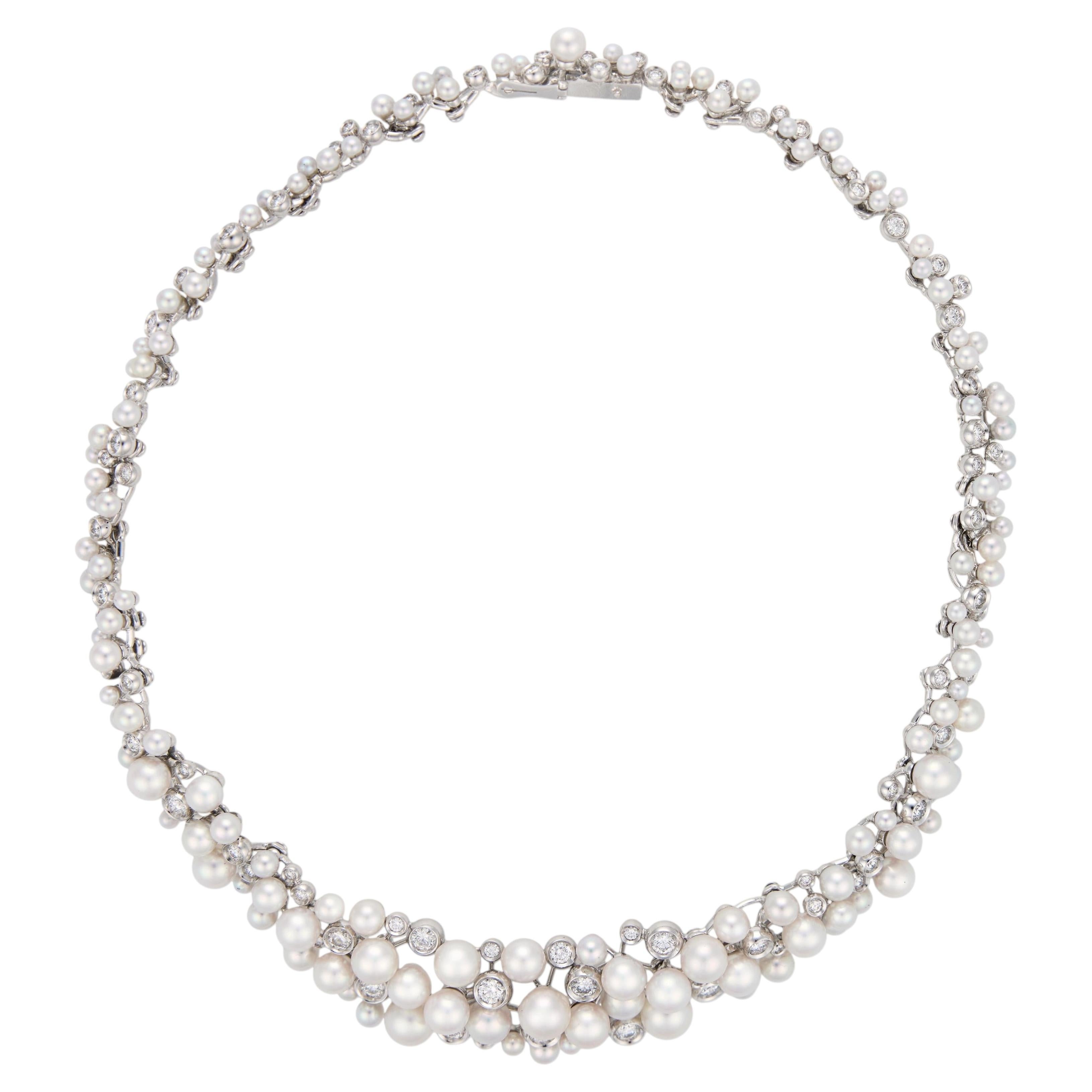 Meister Mid Century pearl diamond 18k white gold necklace For Sale