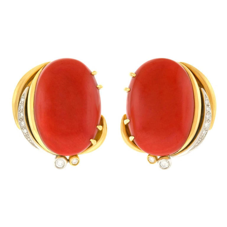 Meister Natural Coral and Diamond Gold Earrings For Sale at 1stdibs