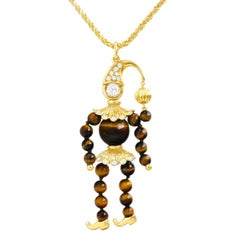 Vintage Meister Tiger's Eye and Diamond Set Gold "Jester" Pendant