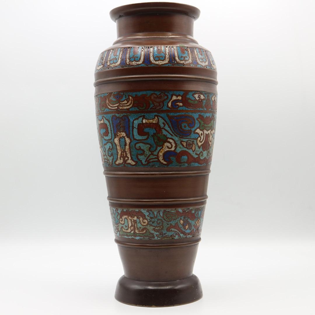 Japanese Mej Periode Bronze Vase, Cloisonne enamel decor; Japan late 19th century For Sale
