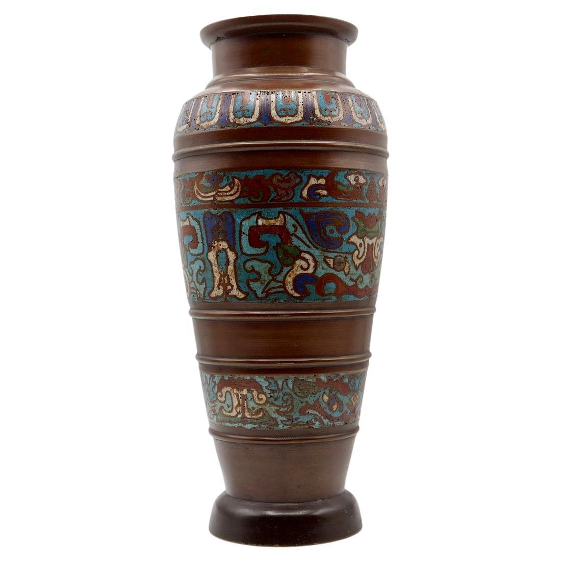 Mej Periode Bronze Vase, Cloisonne enamel decor; Japan late 19th century For Sale