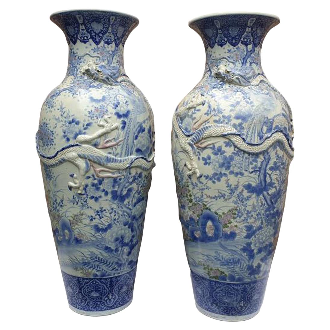 Meji Period Pair of 3 Claw Dragon Japaneses Blue and White Vases For Sale
