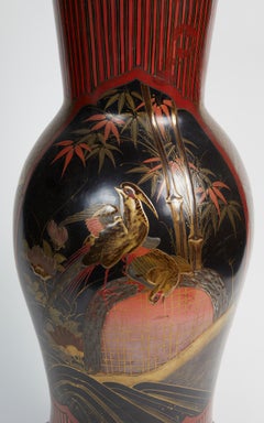 Meji Period Red and Black Ceramic Japanese Vase Representing a Landscape