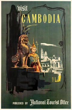 Original Vintage Visit Cambodia Travel Poster - Angkor Wat - Natl Tourist Office