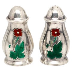 Meka Denmark Sterling Silver Enamel Flowers Salt & Pepper Shakers #12973