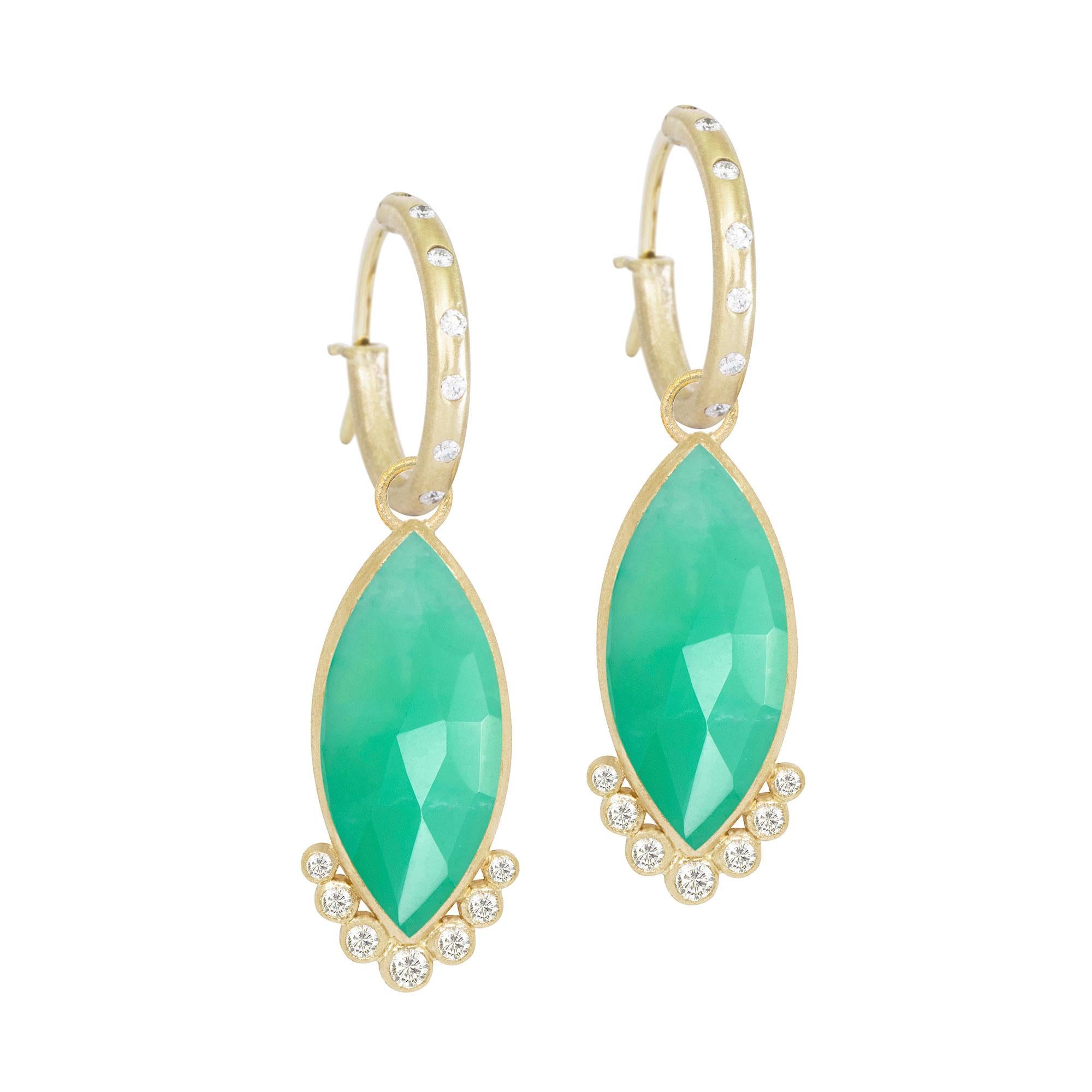 With vibrant chrysoprase in a sleek, on-trend marquise cut, the diamond-accented Mekong Med Gold Charms are a sophisticated option to pair with any of our hoops and mix with other styles.
Nina Nguyen Design's patent-pending earrings have an element