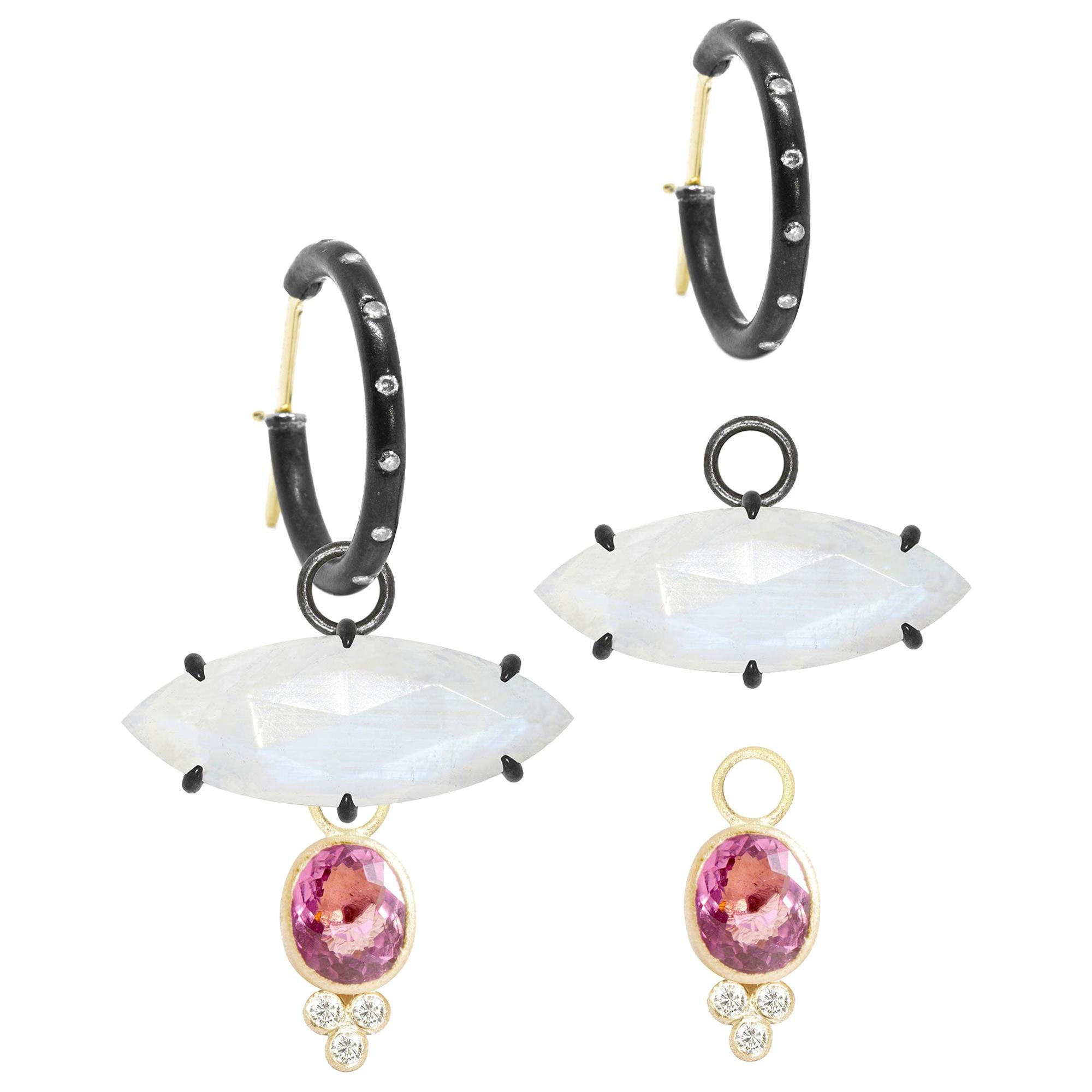 Mekong Med Moonstone Oxidized and Lilly Pink Tourmaline 18 Karat Gold Earrings For Sale