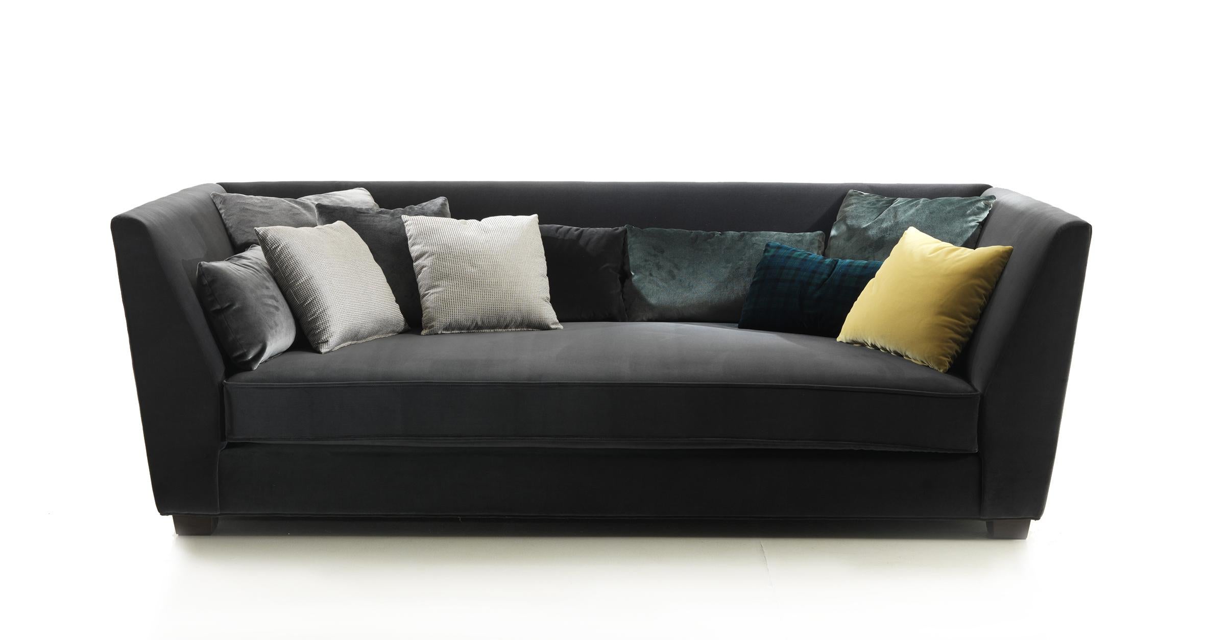 Italian MEKONG Blue Upholstered Sofa In Dark Matt Walnut Covered with Cotton Velvet For Sale