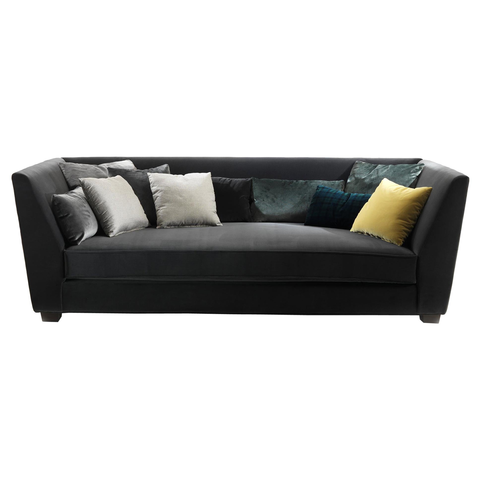 MEKONG Blue Upholstered Sofa In Dark Matt Walnut Covered with Cotton Velvet