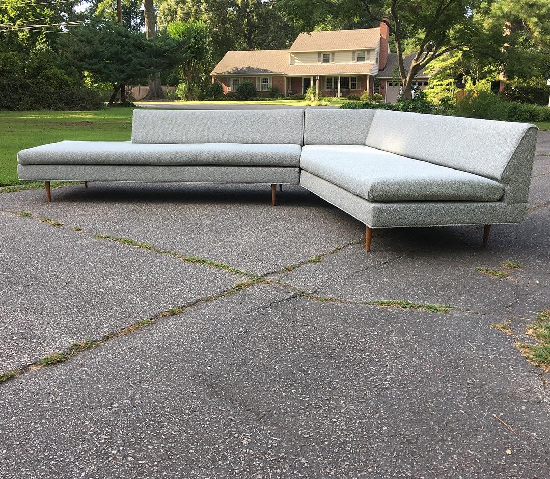 An exceedingly rare Mel abitz designed two-piece Sectional Sofa for Galloway Furniture. This one owner sofa came from a Tampa estate and was refinished in a high end light blue wool fabric (Bernhardt Mix). 

This sectional sofa shares similar