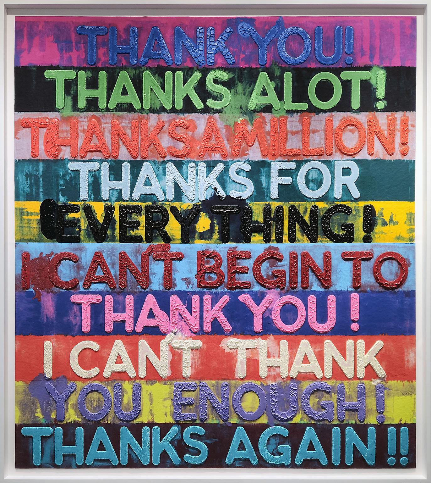 8-foot "Thank You" monoprint in oil with collage, engraving and embossment 