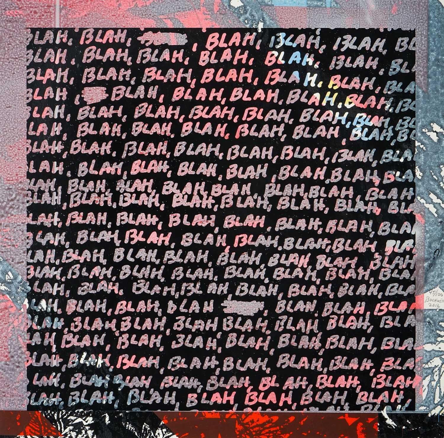 Blah, Blah, Blah + Background Noise, 2013
Mel Bochner

Double sided screenprint on printed paper
A unique colour variant
Signed, dated and numbered from the edition of 100 (each unique)
Sheet: 38 × 38 cm (14.9 × 14.9 in)

Reversible screenprint with
