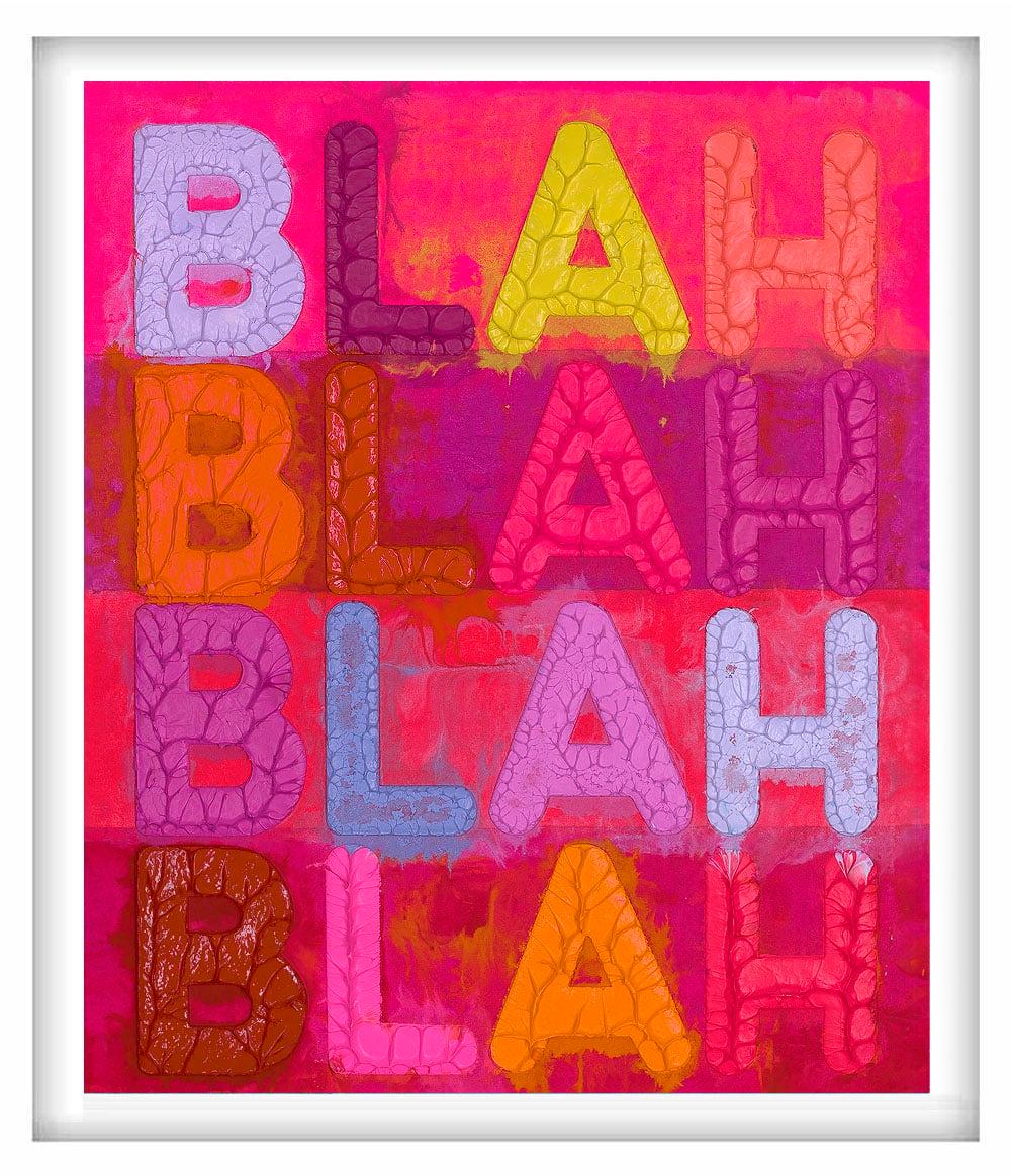 Rich colors stand out upon your first glance at Mel Bochner's Blah, Blah, Blah. The background consists of bright colors. The letters laid upon the top are built in 3-dimension of oil paint in solid, strong colors. The embossed letters are executed