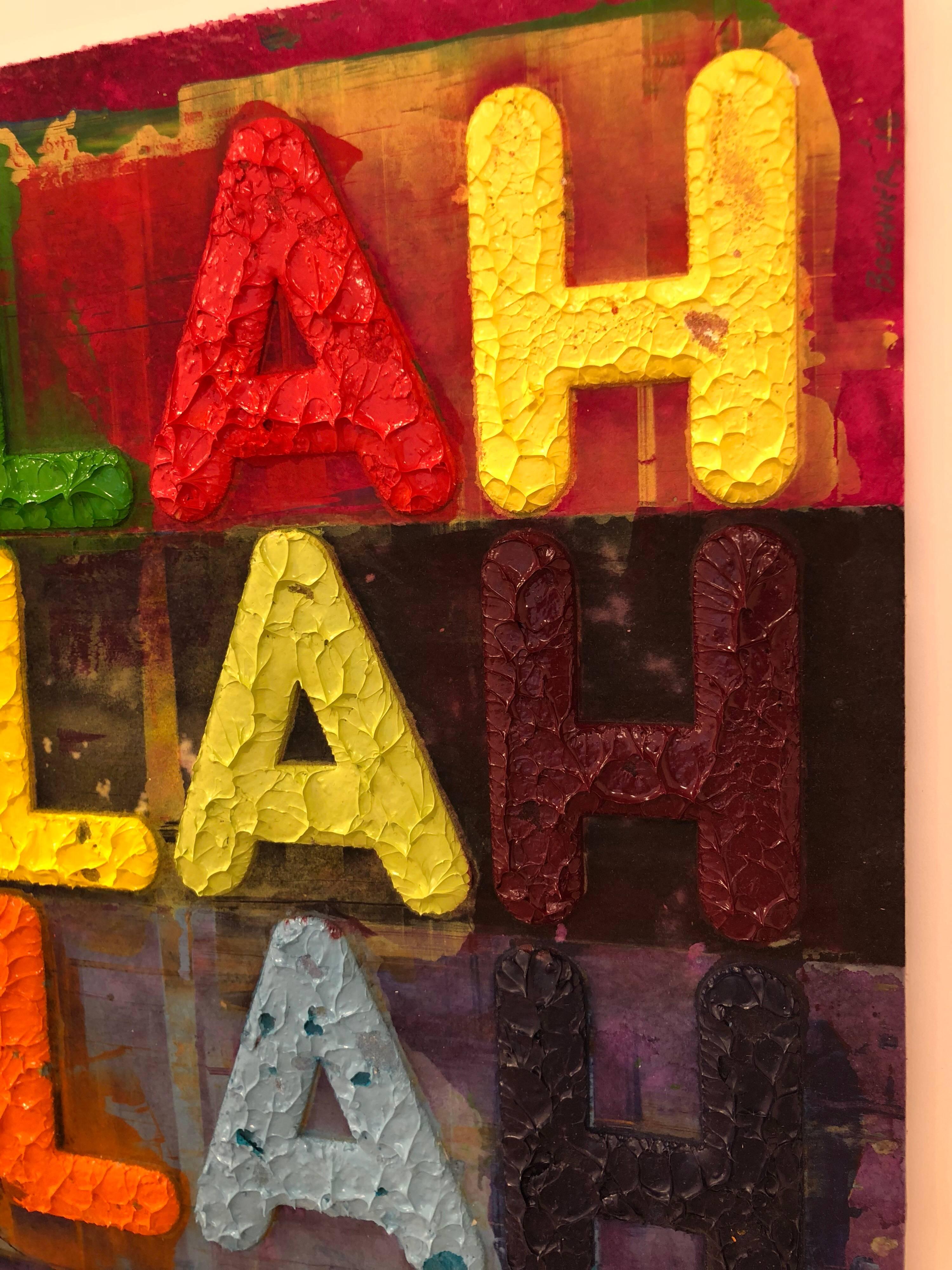 Artist:  Bochner, Mel
Title:  Blah, Blah, Blah 
Date:  2018
Medium:  Oil Paint Monoprint with collage, engraving and embossment on hand-dyed Twinrocker handmade paper
Unframed Dimensions:  14.25