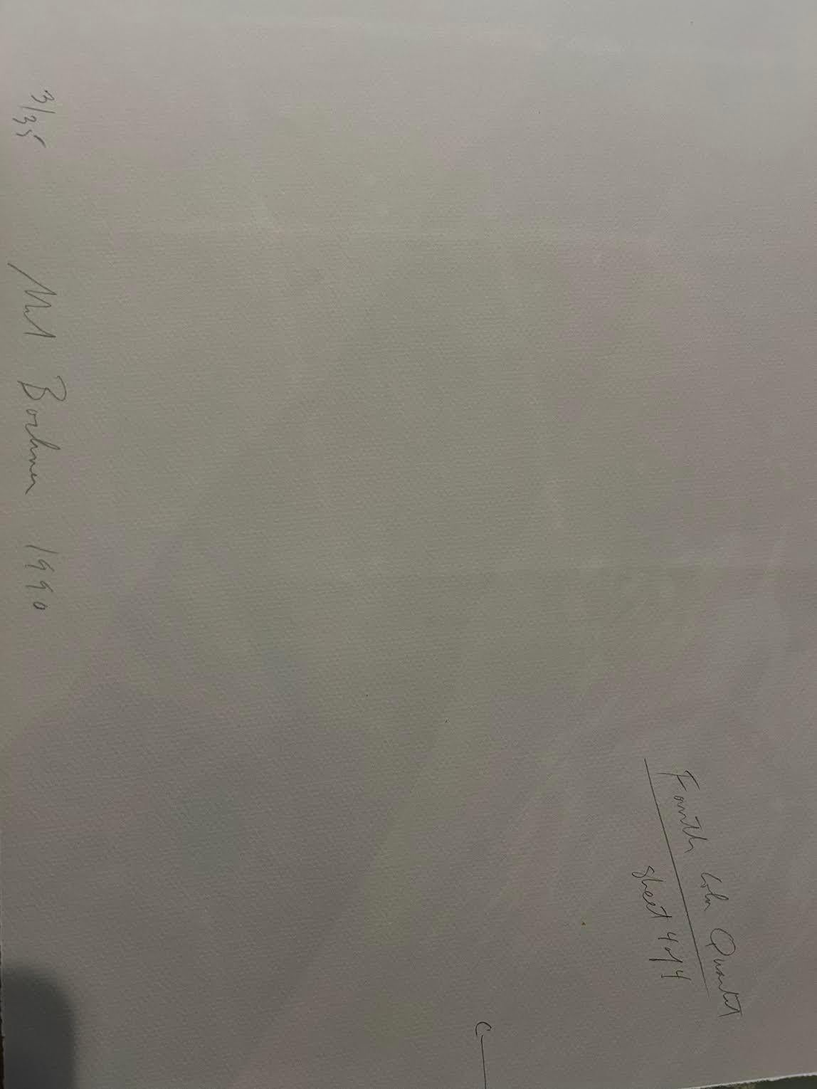 Suite $20.000.  Quartetti individuali $6.000.

Primo quartetto  35 pollici x 35 pollici.
Secondo quartetto  35 pollici x 45 pollici.
Terzo quartetto  45 pollici x 35 pollici.
Fourth Quartet 45 in. x 45 in.

Firmato e datato sul verso.

Mel Bochner è