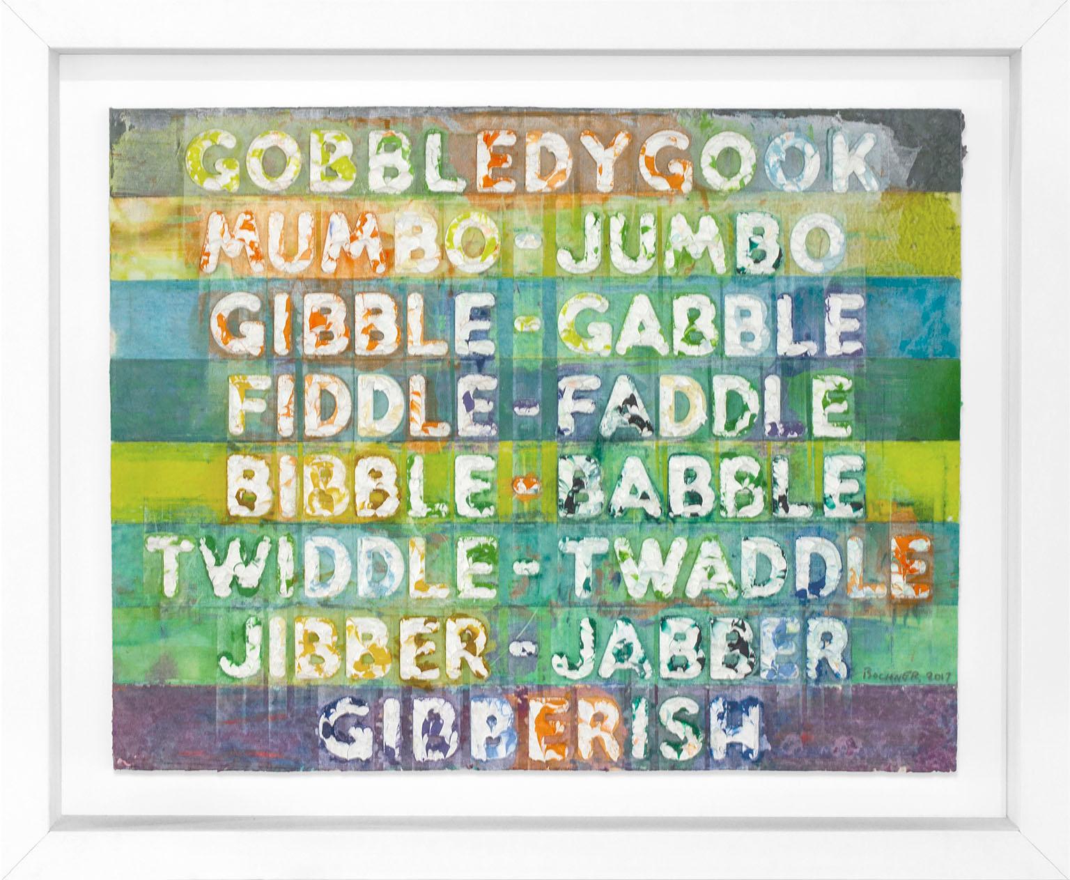 "Gobbledygook" Monodruck mit Collage, Gravur und Prägung auf handgefärbtem Twinrocker-Büttenpapier von Two Palms Publishing. Rekto rechts unten signiert und datiert Bochner 2017. Bildgröße: 13 1/2 x 17 1/2 Zoll. Der Text lautet: GOBBLEDYGOOK MUMBO