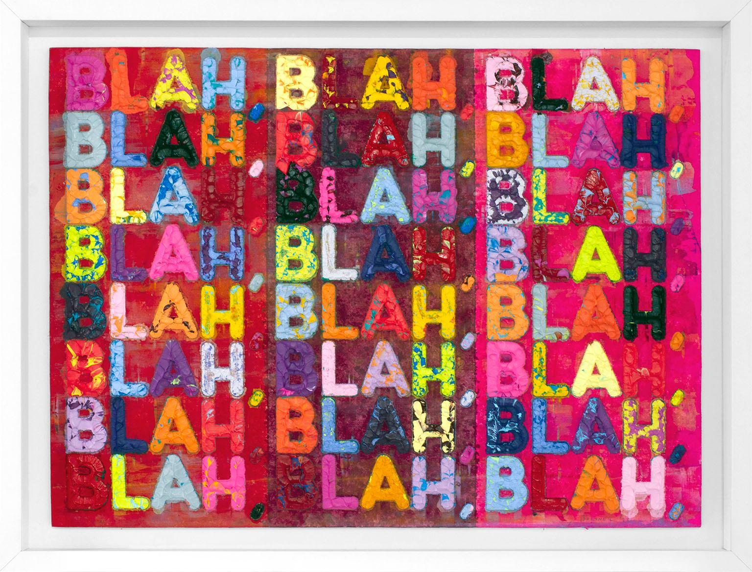 Brightly colored "Blah, Blah, Blah" monoprint in oil with collage, engraving and embossment on handmade paper by artist Mel Bochner from Two Palms Publishing. Signed and dated Bochner '23 lower right recto in graphite. Image size: 22 3/4 x 30 3/4